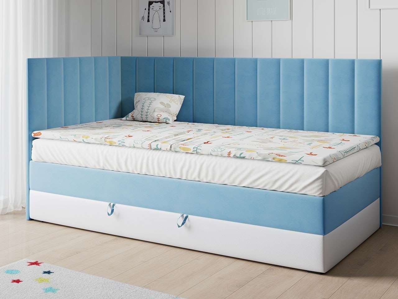 MKS MÖBEL Kinderbett LAURA 3, Bett Boxspringbett mit Matratze - Kinderbett Jugendbett Einzelbett Blau und Weiss | Jugendbetten