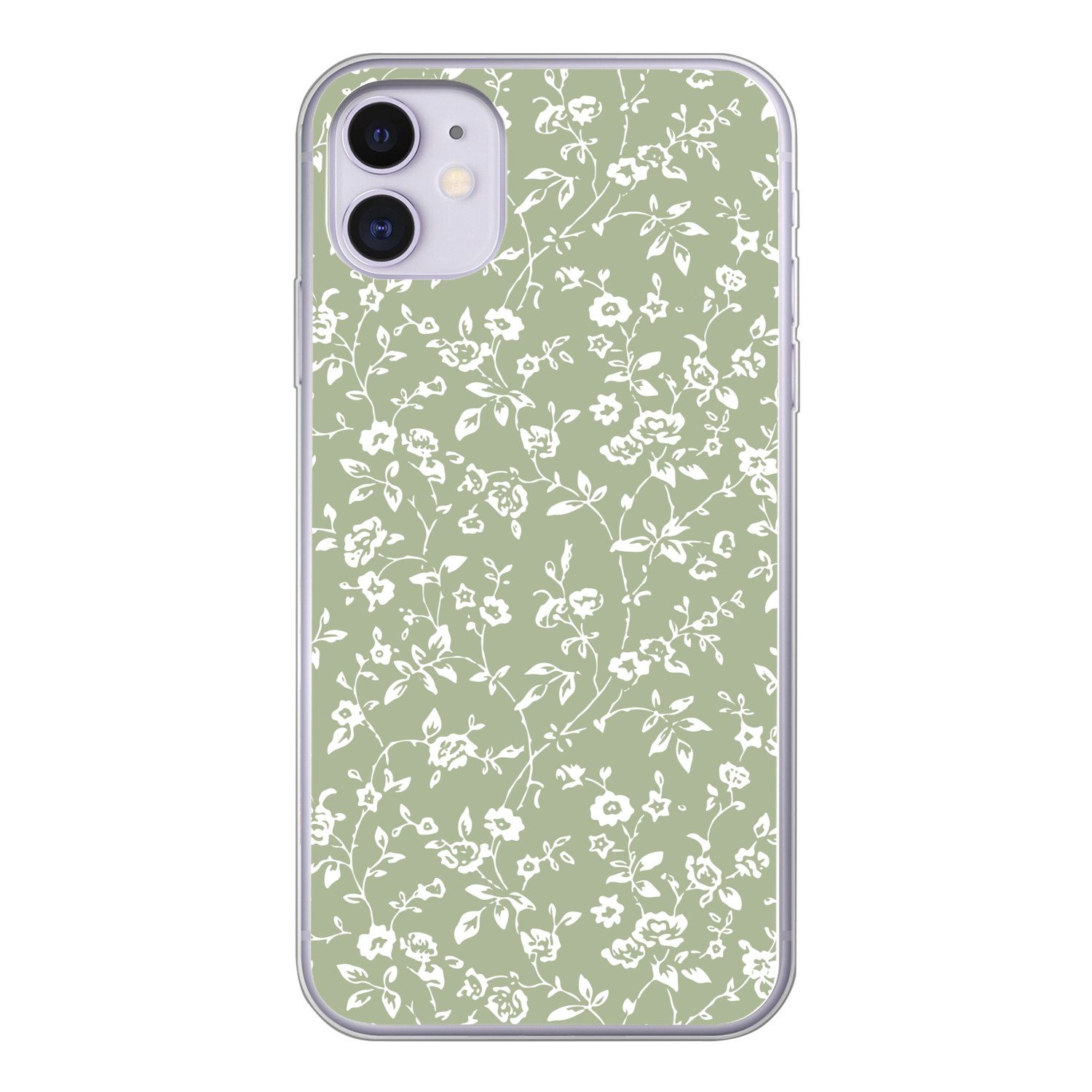 MuchoWow Handyhülle für Apple iPhone 11 Blumen - Druck - Grün - Weiß, Smartphone-Bumper, Print, Handy Schutzhülle Dünn