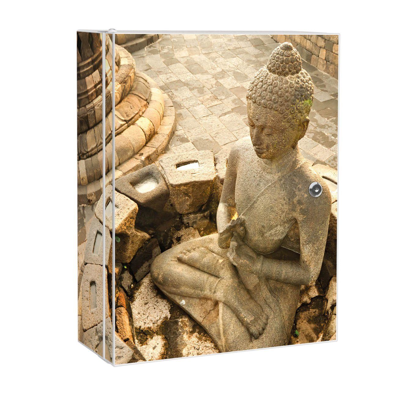 banjado Medizinschrank Stahl Sitzender Buddha (abschließbar, 3 große und 2 kleine Fächer) 35 x 46 x 15cm weiß