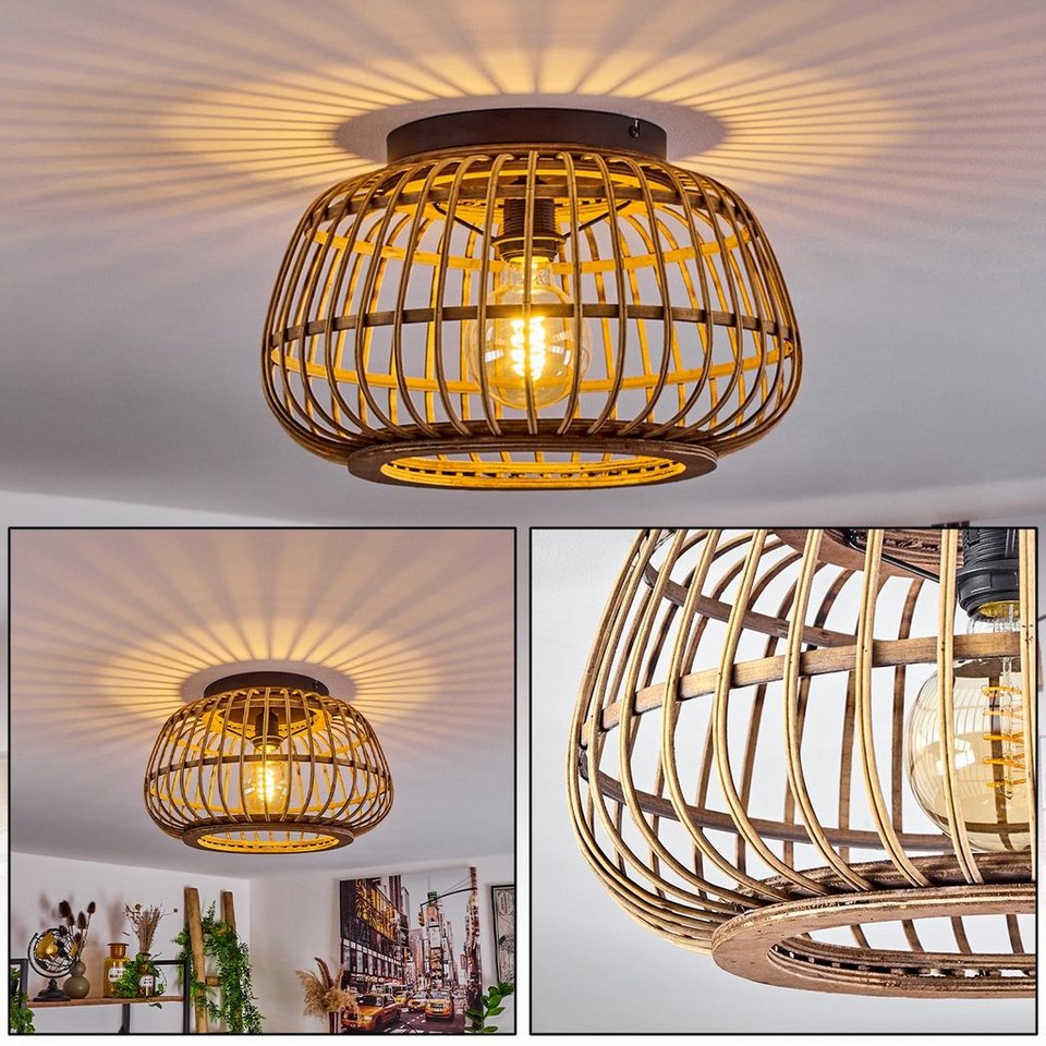 hofstein Deckenleuchte »Pontecagnano« Deckenlampe aus Metall/Holz/Rattan in  Schwarz/Natur, ohne Leuchtmittel, Boho Leuchte mit Schirme in Gitter-Optik  und Lichteffekt, 1xE27