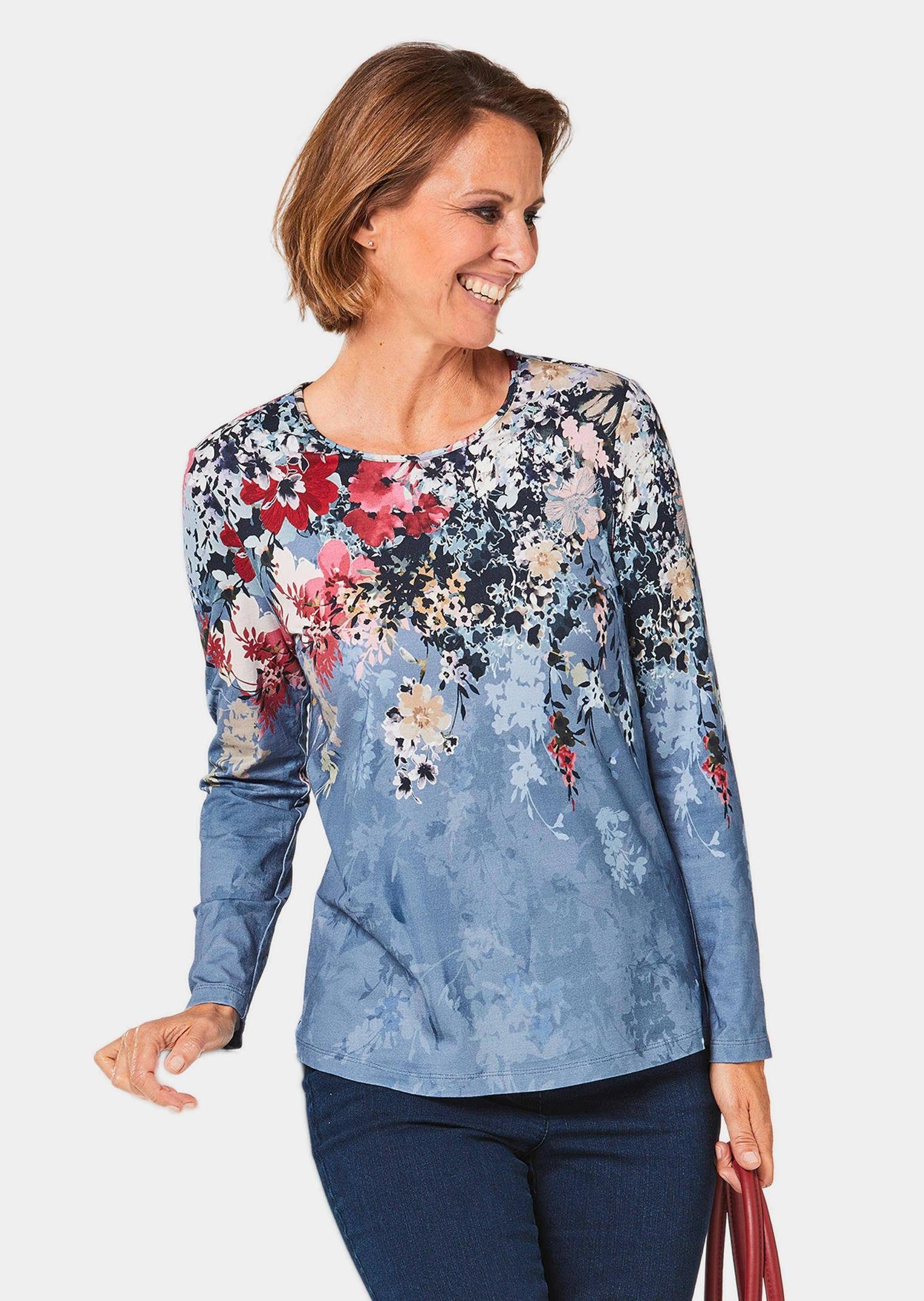 GOLDNER Print-Shirt Druckshirt mit floralem Muster Viskoseshirt mit Rundhalsausschnitt und Langarm