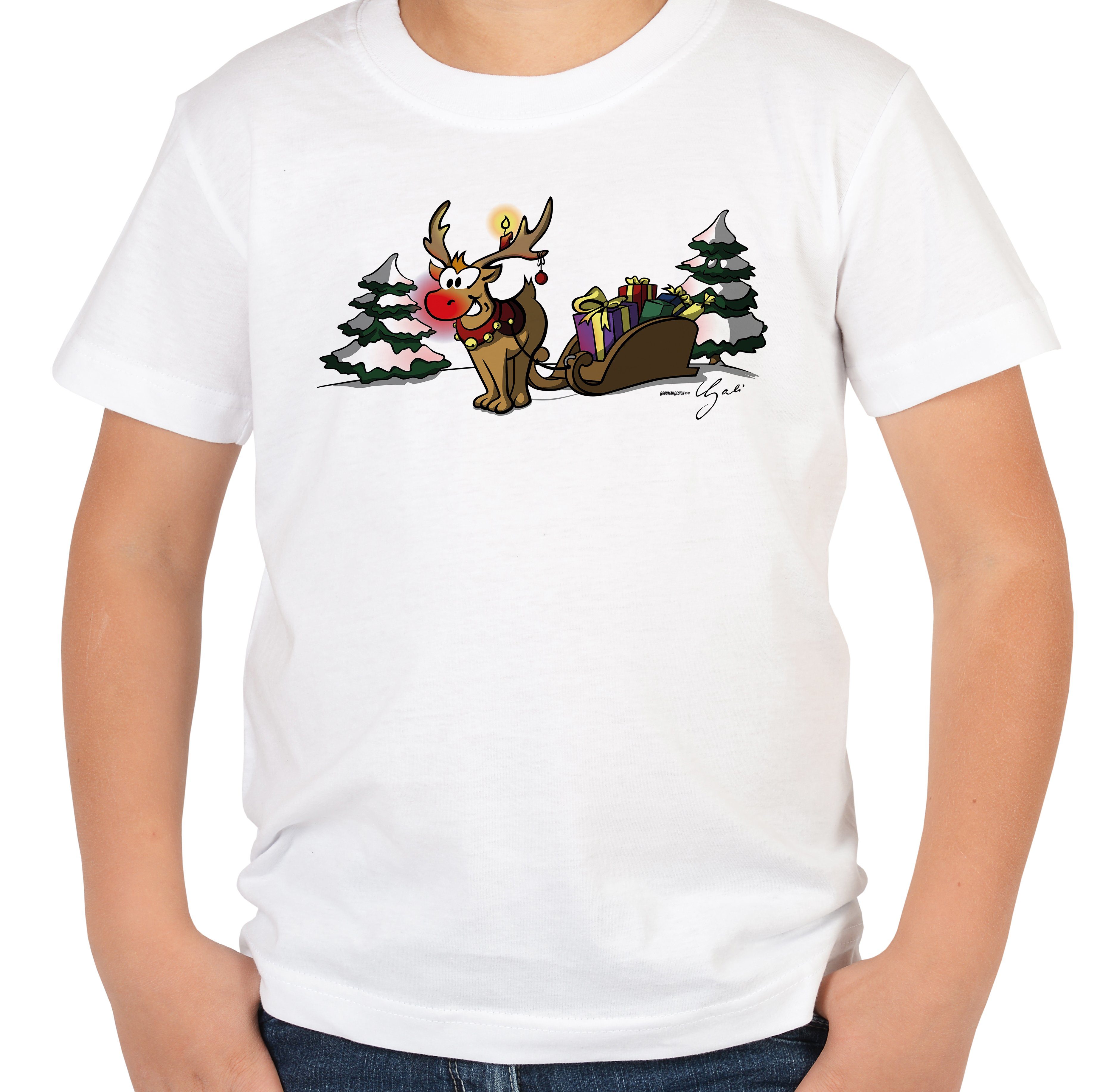 Tini - Shirts Print-Shirt Kinder Weihnachtsmotiv T-Shirt : Rentier mit Schlitten Geschenk-Shirt Nikolaus Weihnachten Advent weiß