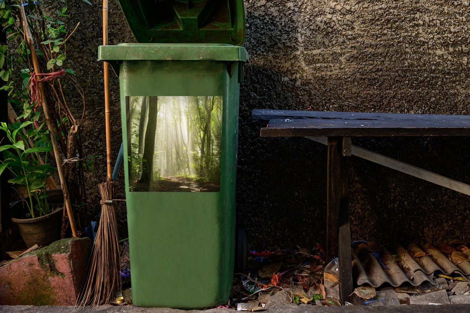 Mülltonne, - (1 Container, Natur Wald Wandsticker - St), Sticker, Abfalbehälter MuchoWow Licht Mülleimer-aufkleber, Landschaft -