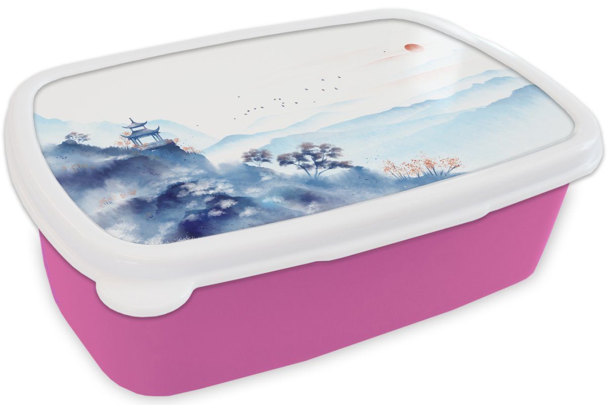 MuchoWow Lunchbox Malerei - Natur für Kinder, Erwachsene, Mädchen, Brotdose Kunststoff, (2-tlg), Brotbox Kunststoff Snackbox, rosa Landschaft - Ölfarbe, 