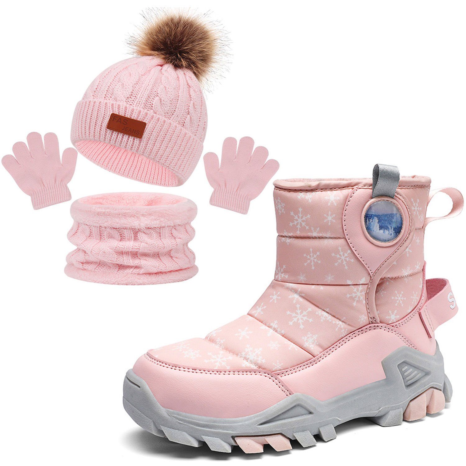 Daisred Mädchen Schneestiefel Warm Mütze Schal Handschuhe Set Snowboots Rosa