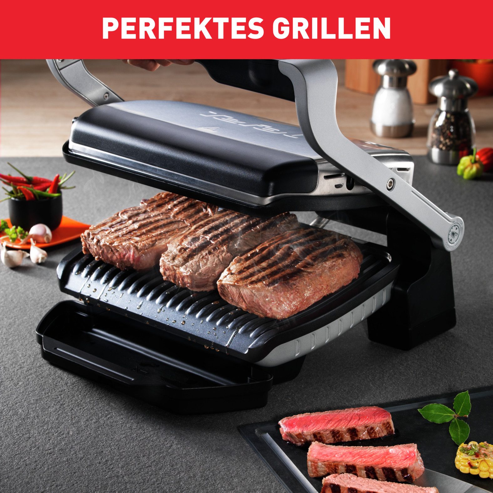 Tefal Kontaktgrill OptiGrill, 6 automatische Programme, ein manuelles Programm, 2000 W, spülmaschinengeeignete Platten und SaftauffangbehälterGC705D