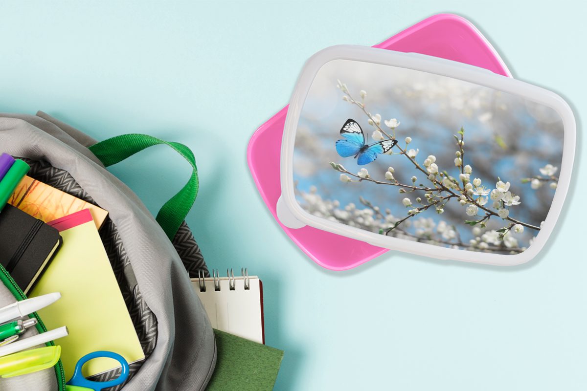 MuchoWow Lunchbox Sakura - Mädchen, Schmetterling Erwachsene, (2-tlg), - Kinder, rosa Snackbox, Brotdose Kunststoff Frühling, Brotbox Kunststoff, für