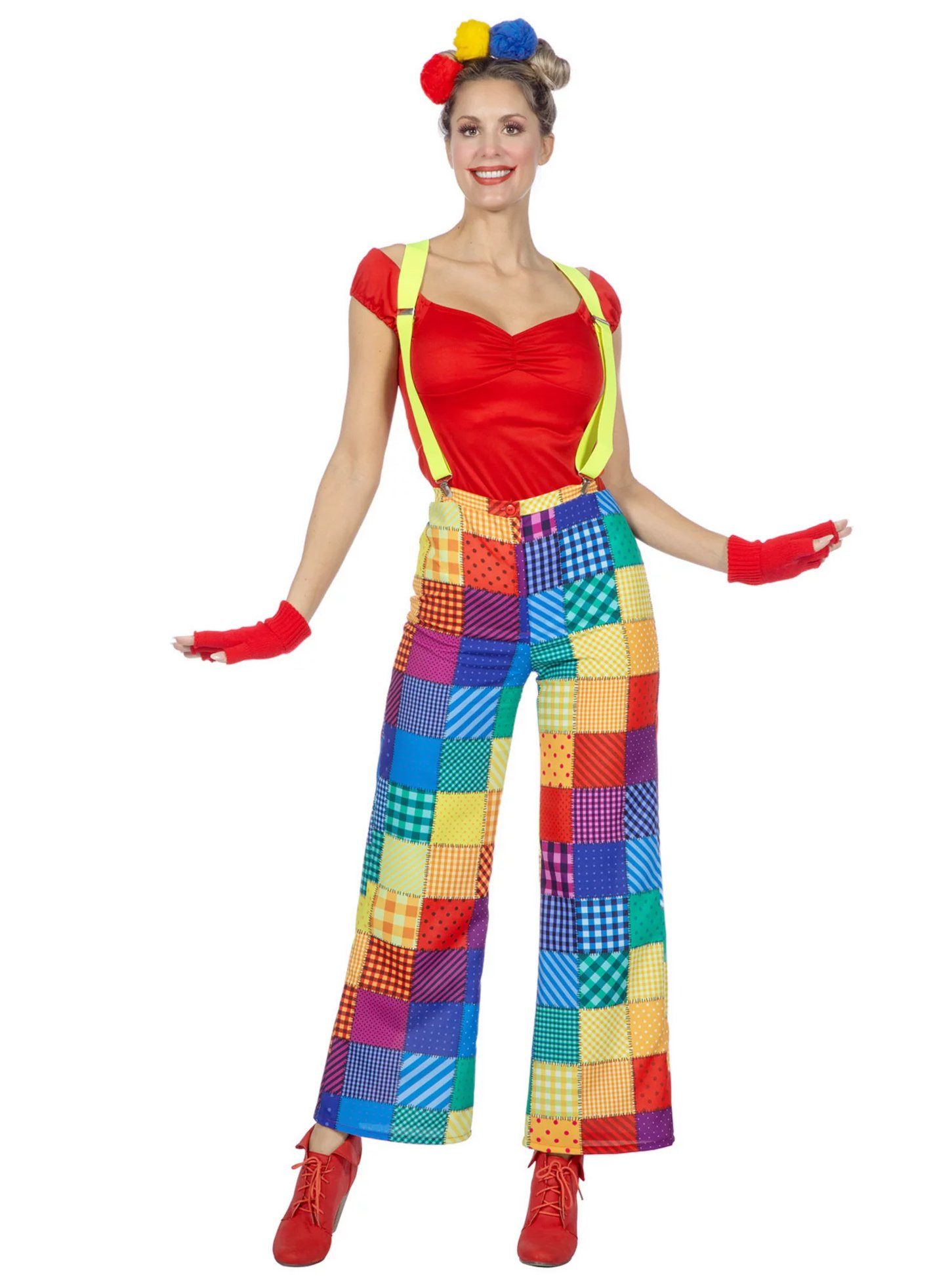 Metamorph Clown-Kostüm Patchwork Clownshose für Damen, Buntes Flickwerk für clowneske Frauen