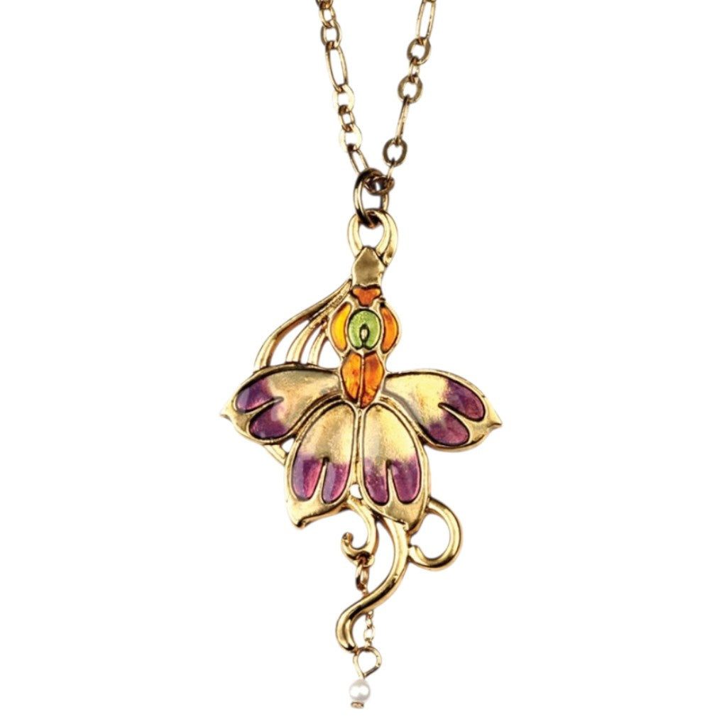 Dark-Desires Kette und Anhänger Set Jugendstil Orchideen-Fee Anhänger-Kette – Lila & Gold Halskette