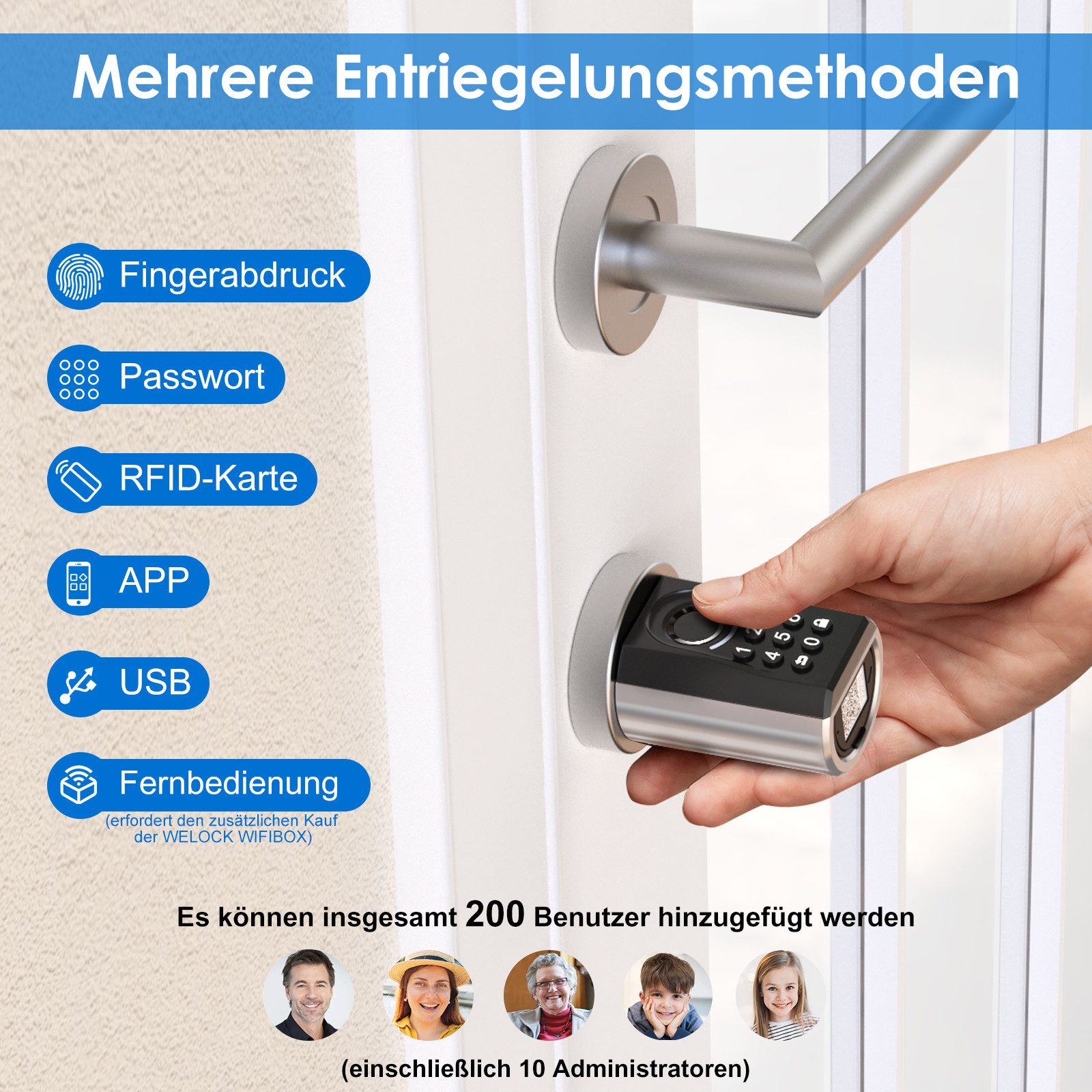 WE.LOCK Schließzylinder WELOCK Türschloss Fingerabdruck ToucA51 für 30-70 mm Türen, (Packung, Smartes türschloss x1, RFID-Karte x3, Anleitung x1, Zubehörbox x1), Fingerabdruck, Passwort, RFID-Karte, APP, Ersatz-USB, Fernentriegelung