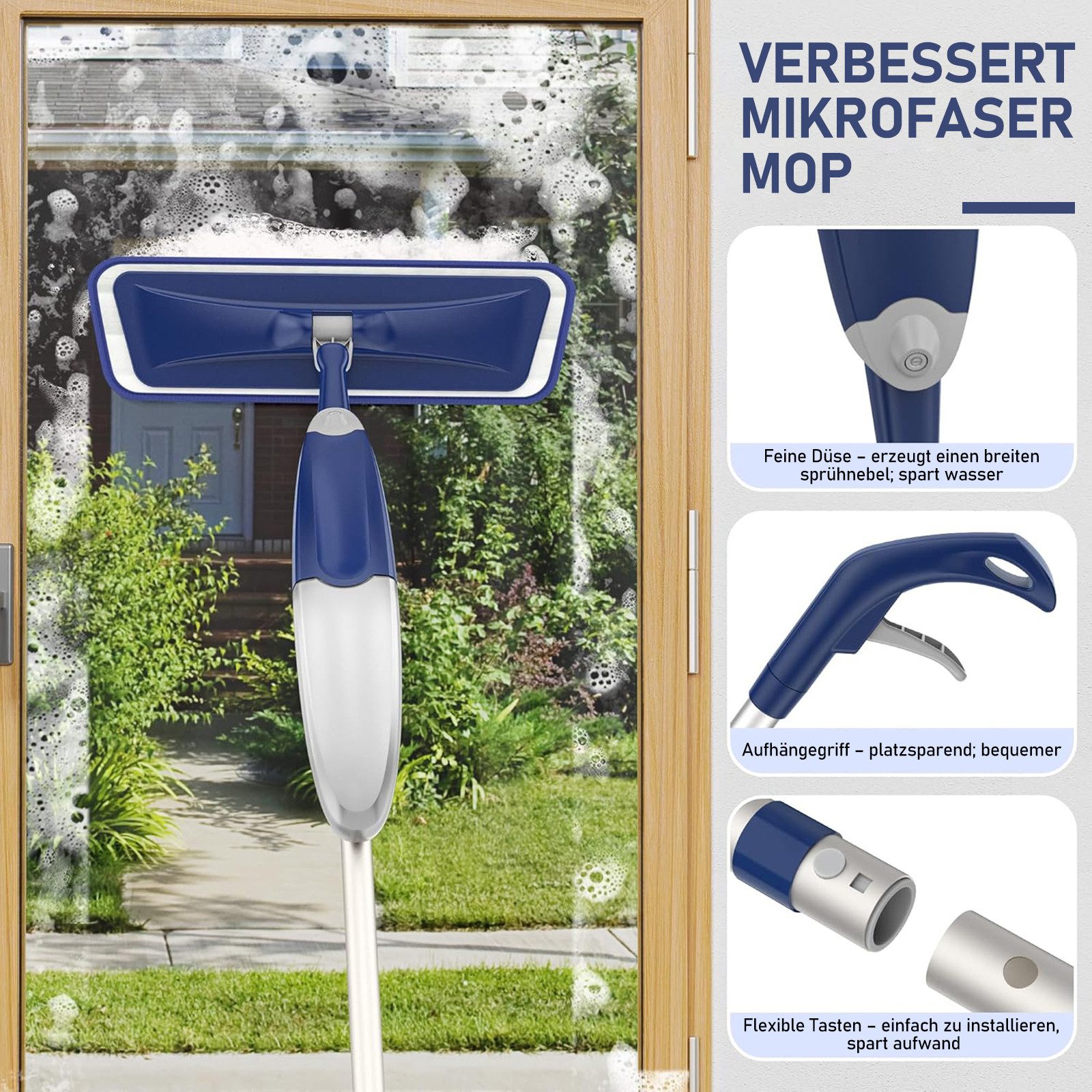 HUGERSTONE Sprühwischer 360 Grad Rotierender Wischmopp, Bodenwischer mit 435ml Wassertank (Nass- und Trockenmopp mit 4 Mikrofaserbezug und Schaber) Geeignet für die Reinigung der Meisten Bodenarten