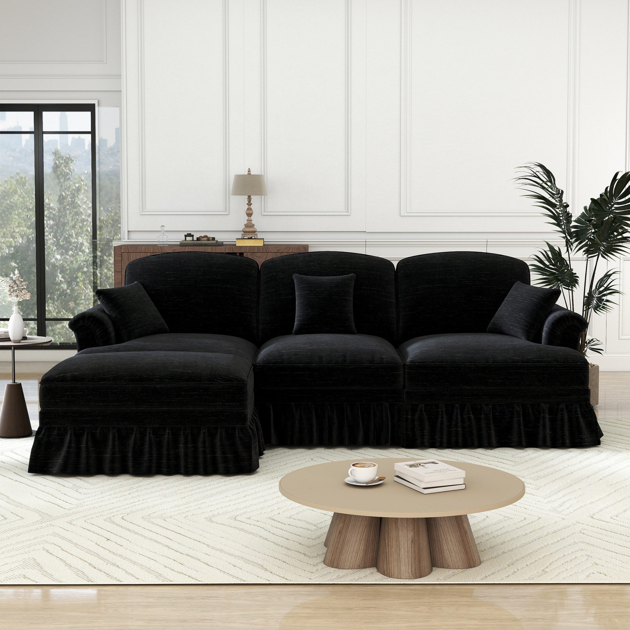 autolock Ecksofa L-förmiges 3-Sitzer Sofa aus Chenille mit abnehmbarer Rüschenschürze, Modulares Sofa mit Trichter-Armlehnen spindelförmigen Beinen