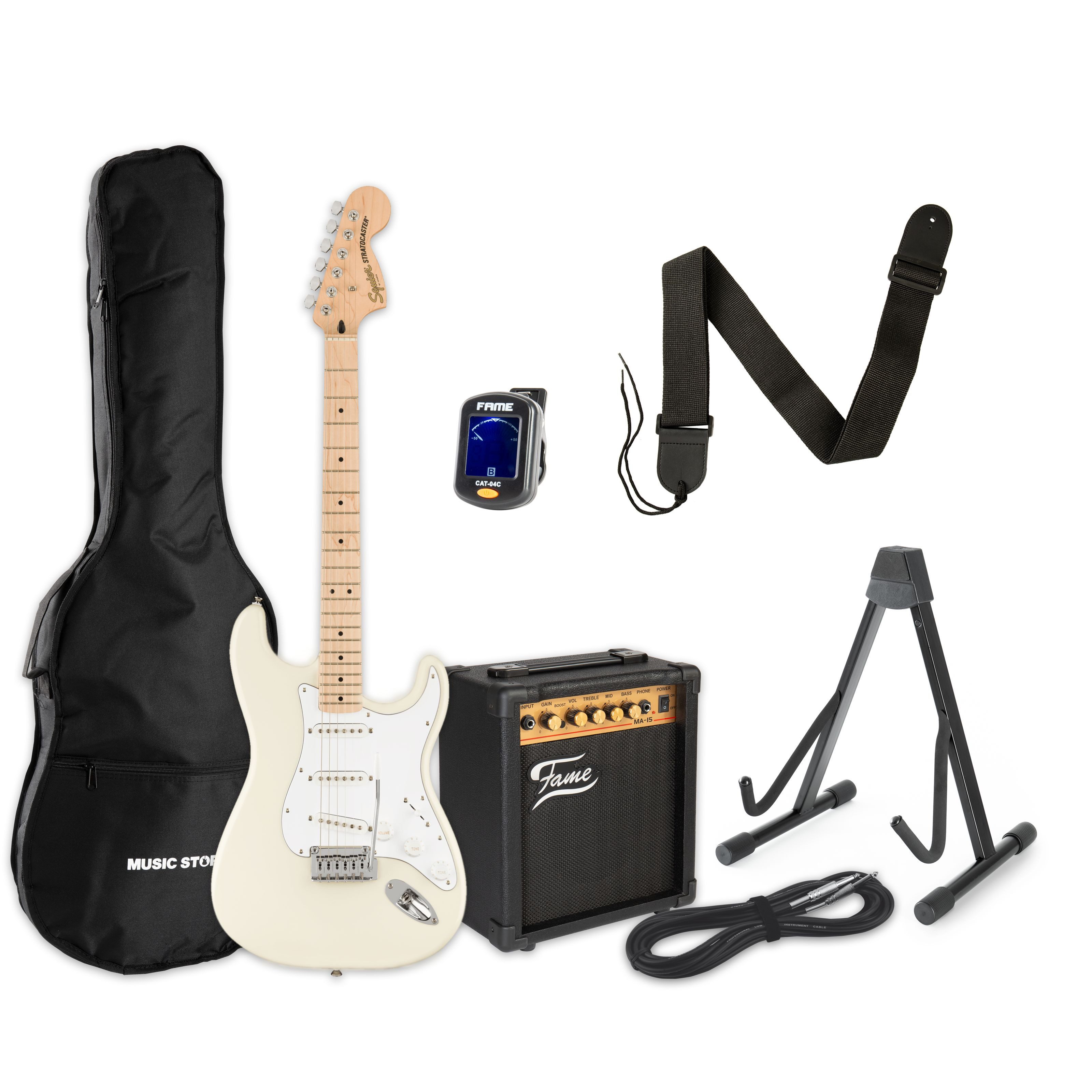 Squier E-Gitarre, E-Gitarren, E-Gitarren-Sets, Affinity Strat White + MA 15 - E-Gitarren Anfänger Set