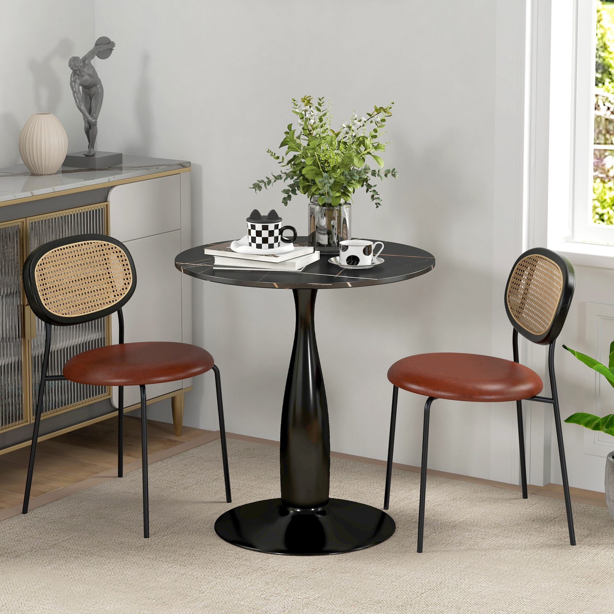 HOMCOM Esstisch Kaffeetisch moderner Tisch mit Mamoroptik, Säule-Bein (Esszimmertisch, 1-St., Küchentisch), für 2 Personen, Ø70 x 74 cm, Schwarz