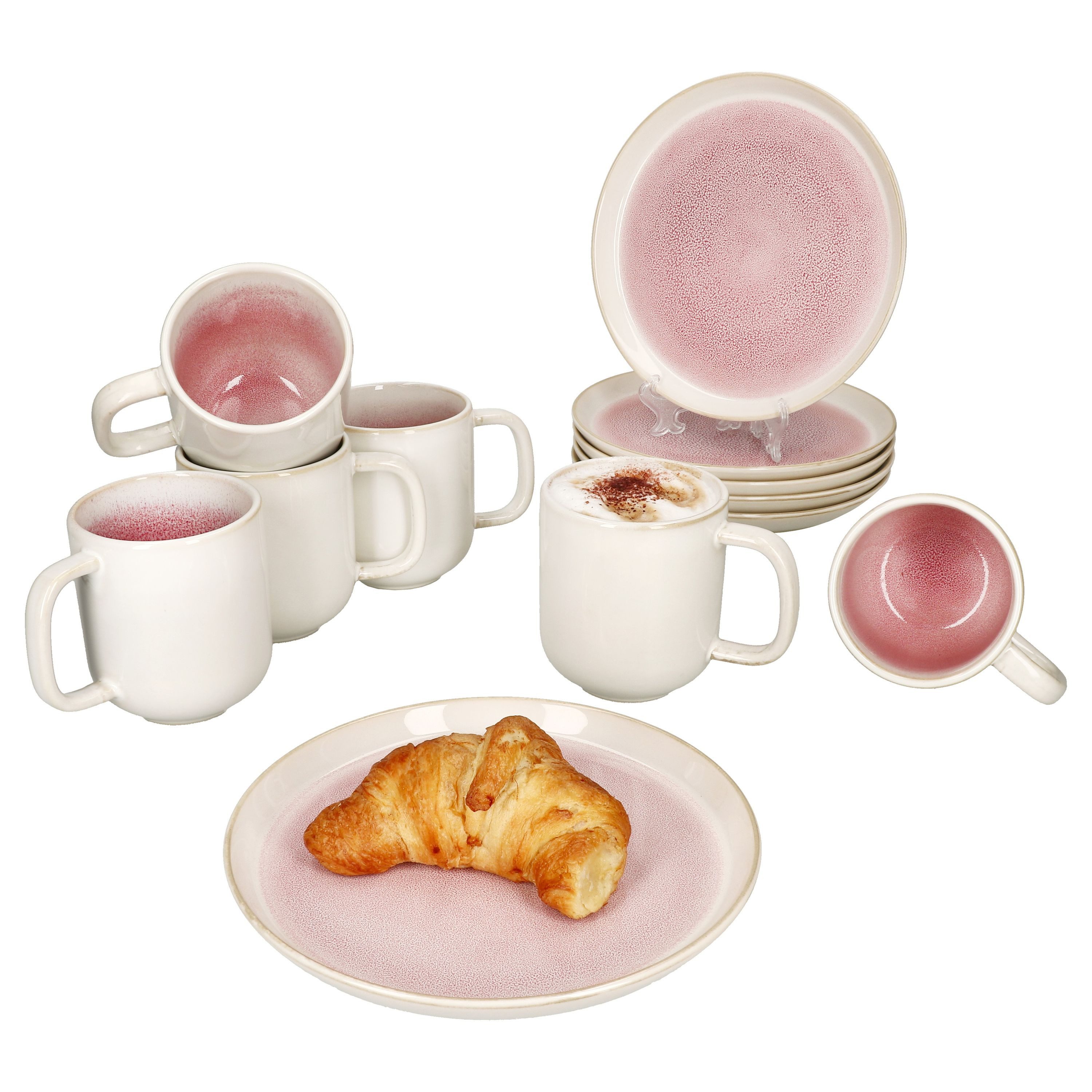 MamboCat Frühstücks-Geschirrset 12tlg Frühstücksset Reactive Glaze Paris 6 Pers Teller Becher Pink, Steingut, Steingut
