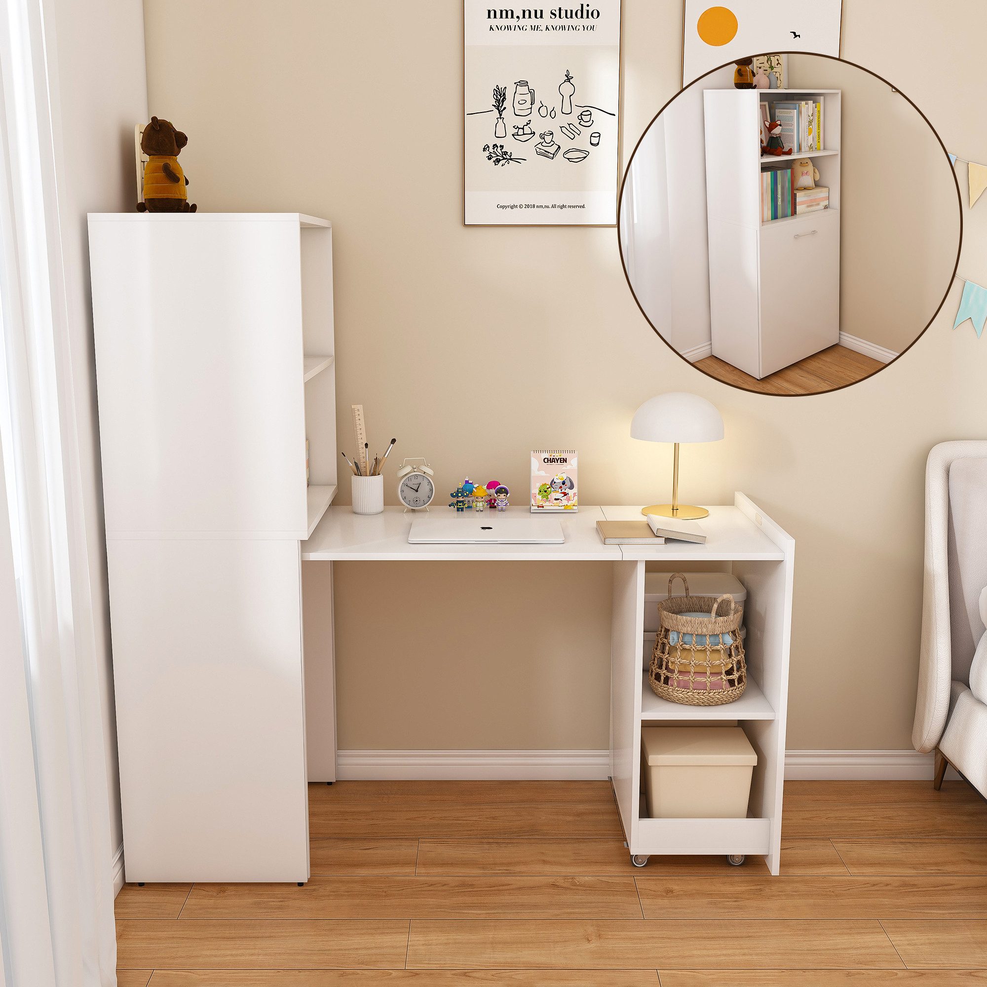 i@home Regal-Schreibtisch Ausziehbarer Schreibtisch mit Stauraum, platzsparender Sekretär (Klappschreibtisch mit 5-fach verstellbaren Ablagen & Lenkrollen, 2-St), Schreibschränke für Kinderzimmer, Schlafzimmer & Arbeitszimmer