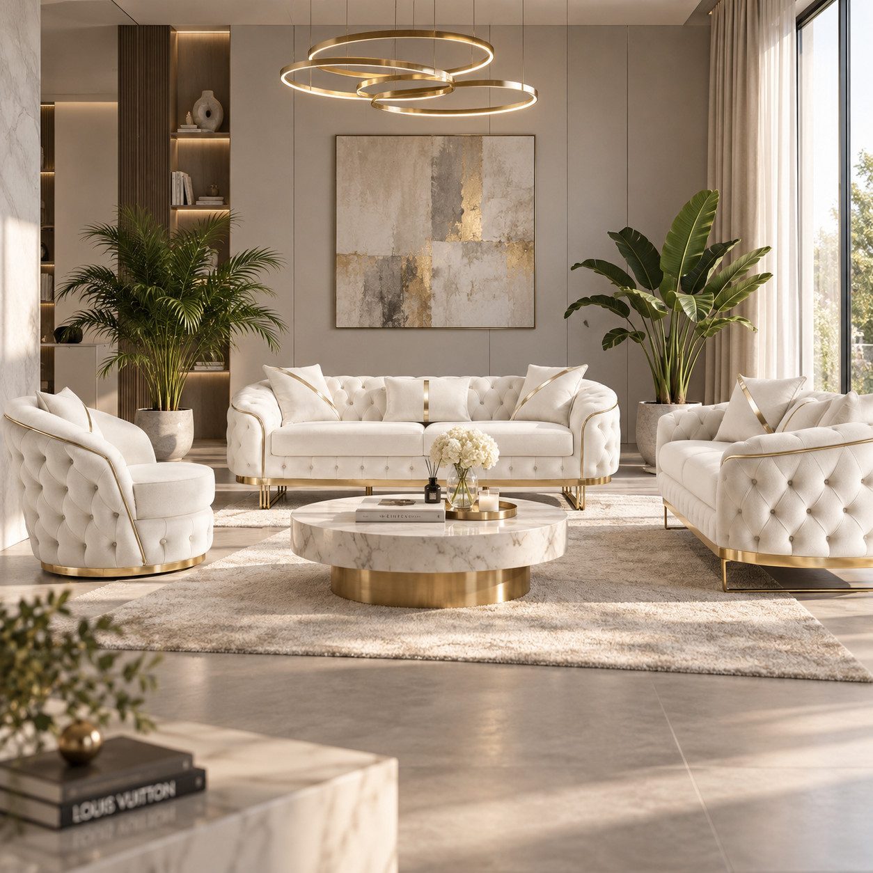 Palms-Store Sofa -Set MIRA mit Knopfheftung in 5 edlen Farbvarianten, 3-Sitzer + 3-Sitzer + Sessel