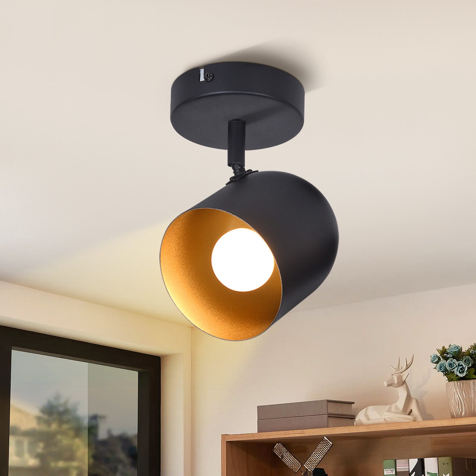 ZMH Deckenstrahler 1 Flammig Schwarz-Gold Deckenspots Schwenkbar 350° Industrial für Flur, Einfache Installation, ohne Leuchtmittel, Max.40W Wandstrahler für Küche Wohnzimmer