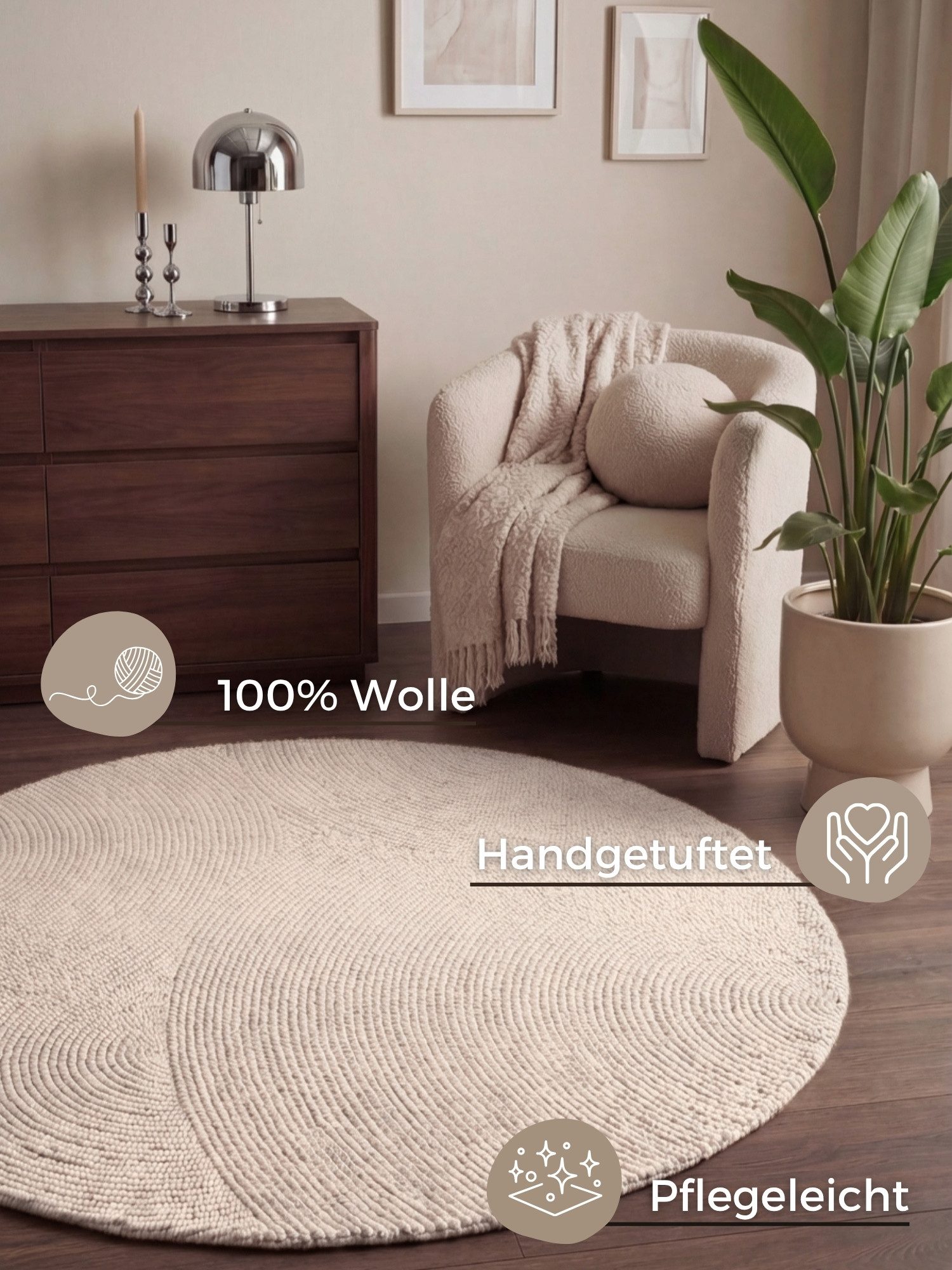 HANSE Home Wollteppich Calmio, auch als Läufer und in rund, rund, Höhe: 18 mm, Handgetuftet, Wolle, Natur, Wohnzimmer, Schlafzimmer, Skandi, Hygge