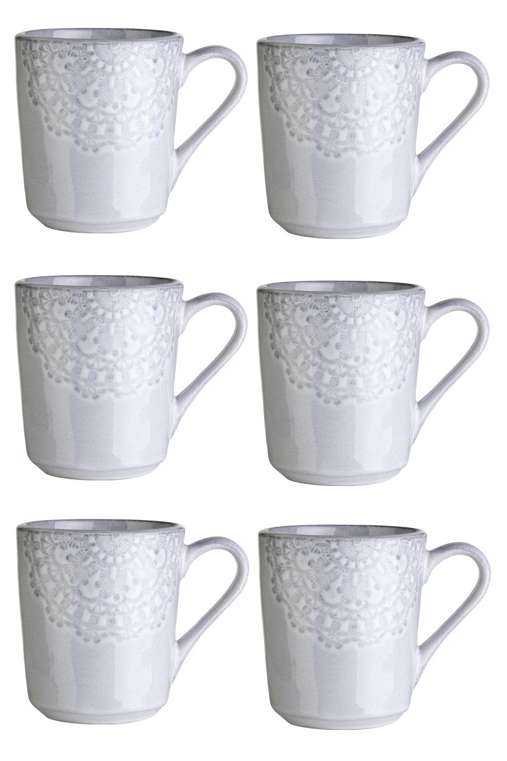 Home4You Becher 6er Set, 355 ml, Hellgrau, mit floraler Prägung, Steingut, glasiert, spülmaschinengeeignet