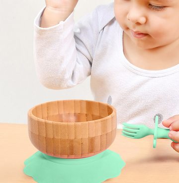 Intirilife Babyschale, (Baby Bambusschalen-Set Bambusschüssel mit Saugnapf und Löffel in Grün, 3-tlg), Zum Essen und Füttern von Babys und Kleinkindern