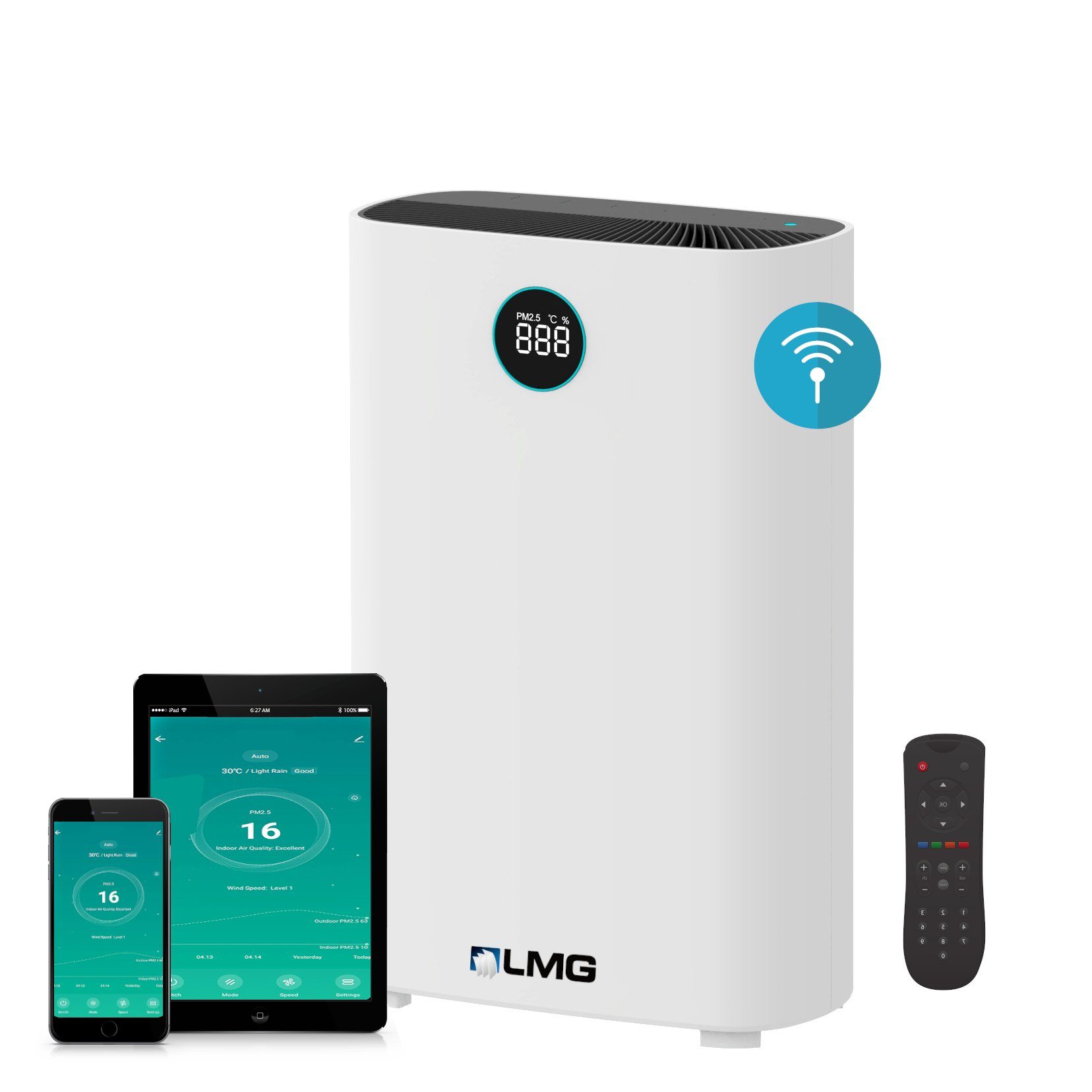 LMG Germany Luftreiniger Professioneller Luftreiniger Entfernt 99,997% Allergene, für 61 m² Räume, HEPA13, UV-Desinfektion, App-Steuerung, CADR 510 m³/h, Nachtmodus