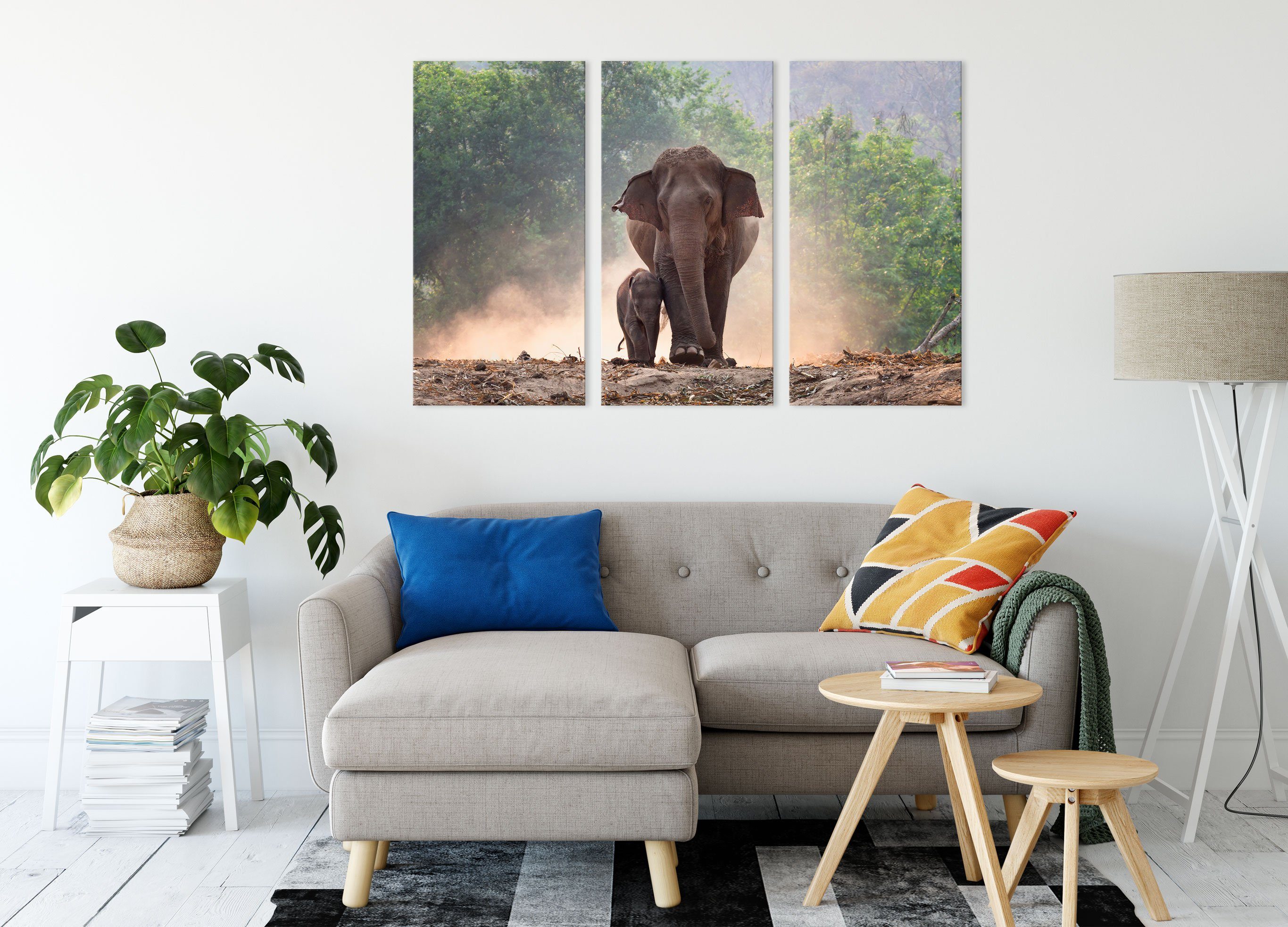 inkl. mit Elefantenbaby Leinwandbild (120x80cm) mit 3Teiler bespannt, Pixxprint Leinwandbild fertig (1 St), Elefantenbaby Mutter Mutter, Zackenaufhänger