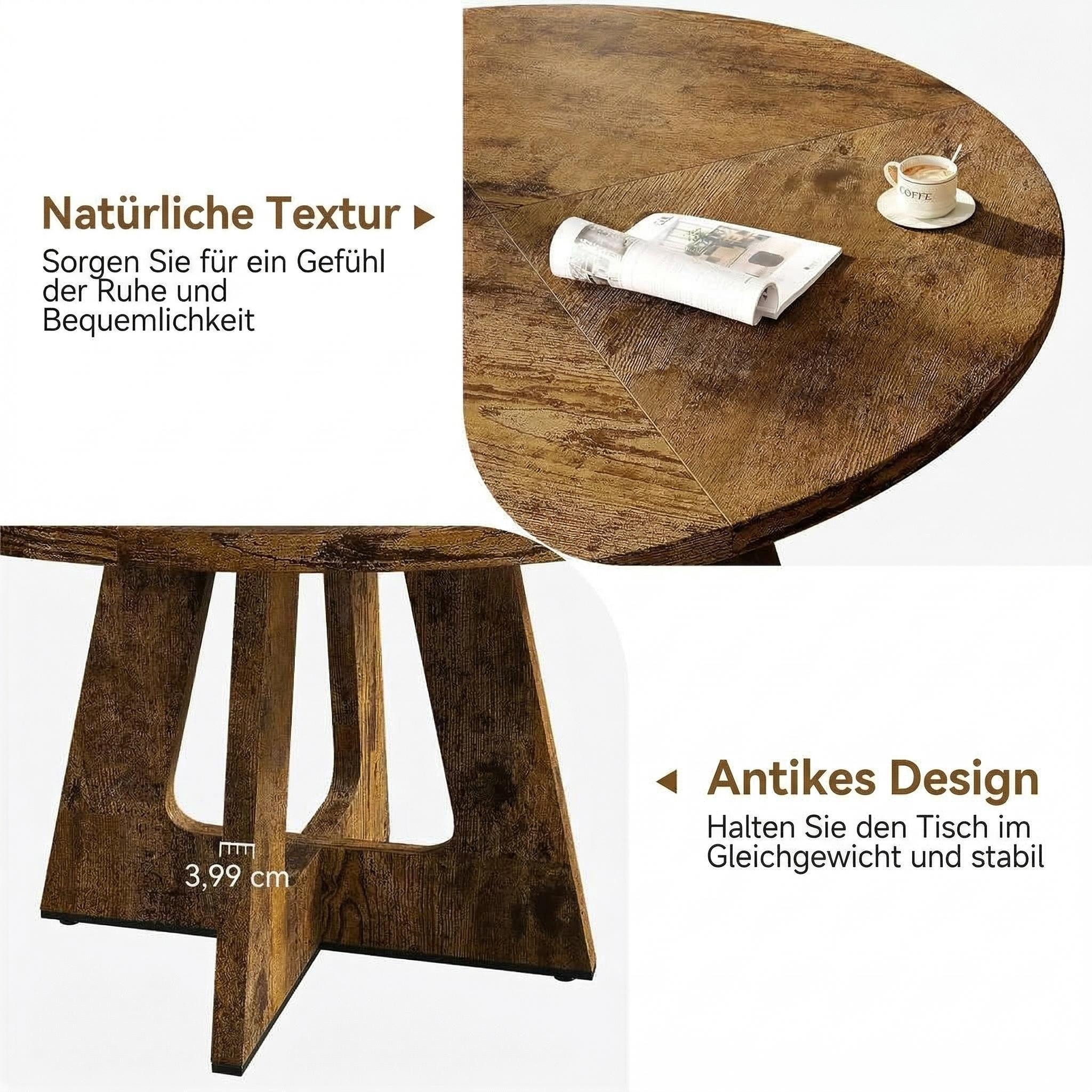 GarveeMore Esstisch runder im Industriestil mit Holzplatte und Beinen,120cm, Küchentisch aus Holz für 4 bis 6 Personen,für Esszimmer – Bild 4 von 5