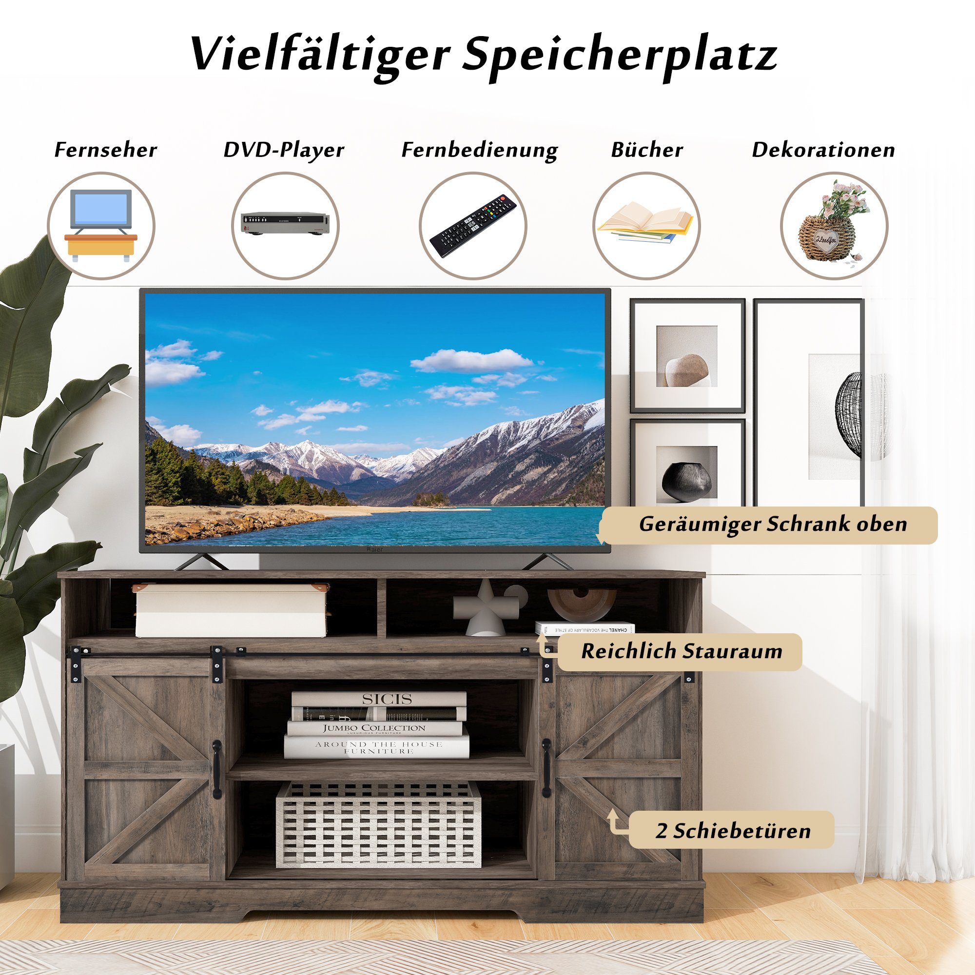 Lowboard (Fernsehtisch Fernsehschrank), TV Schrank mit Schiebtüren, großem Stauraum, Breite 150 cm