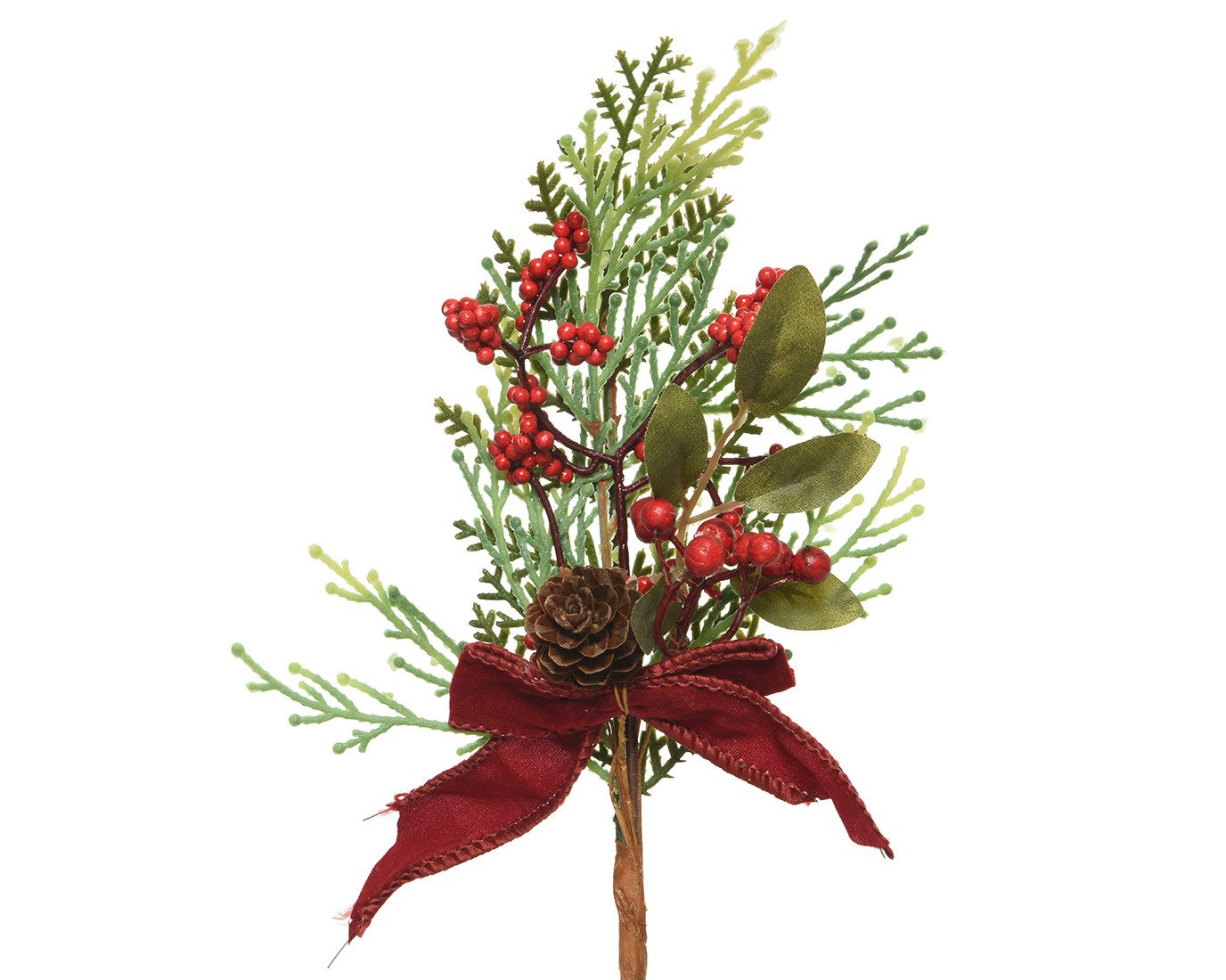 Kunstblume, Kaemingk, Tannenzweig künstlich 25cm mit roten Beeren und Samtschleife