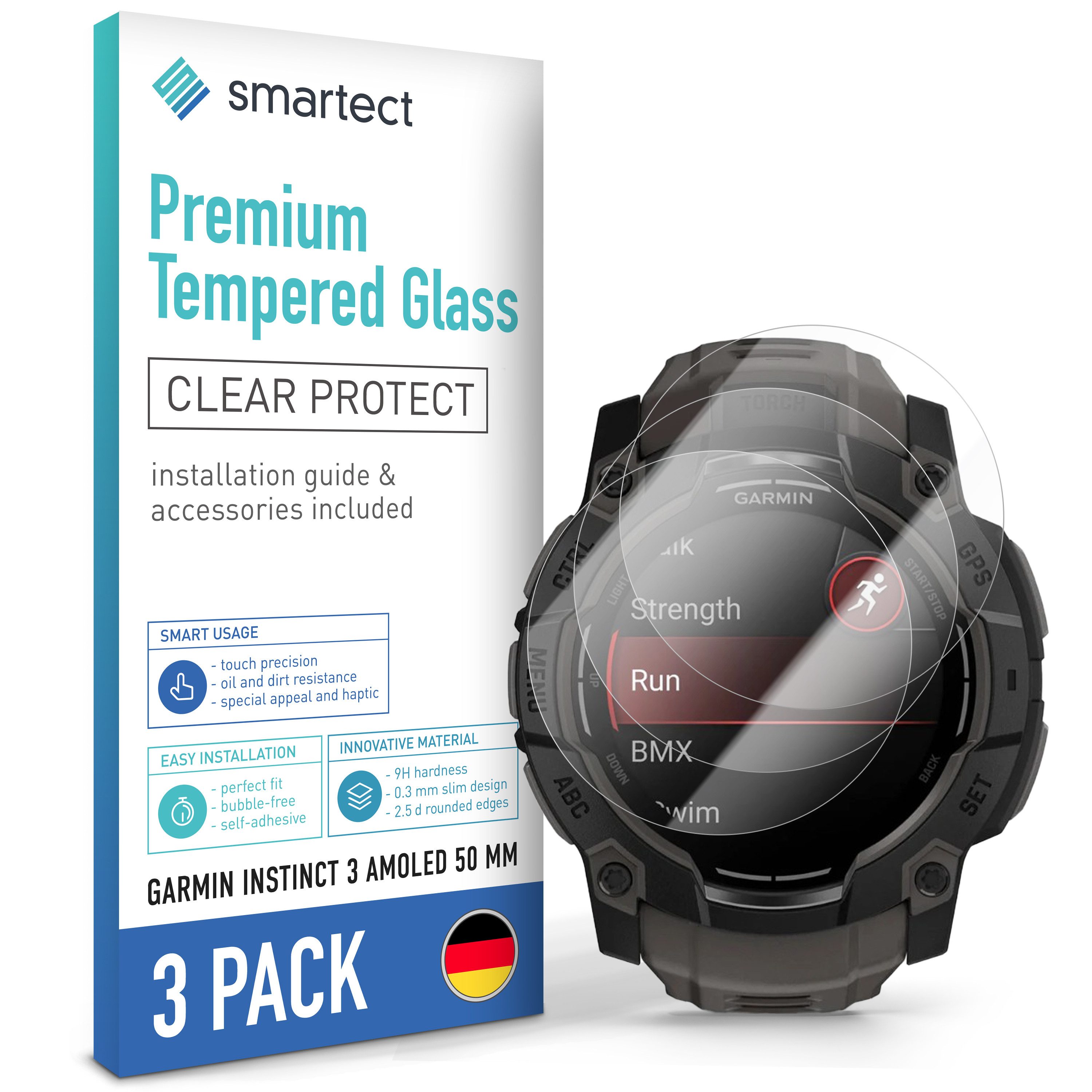 smartect Displayschutzglas 3X Schutzglas Panzerfolie Klar für Garmin Instinct 3 AMOLED 50 mm für Garmin Instinct 3 AMOLED 50 mm, Set, 3 Stück, 0.3 mm Ultra-klar, 9H Härte, Kratzfest, Stoßfest, Blasenfrei, Oleophob