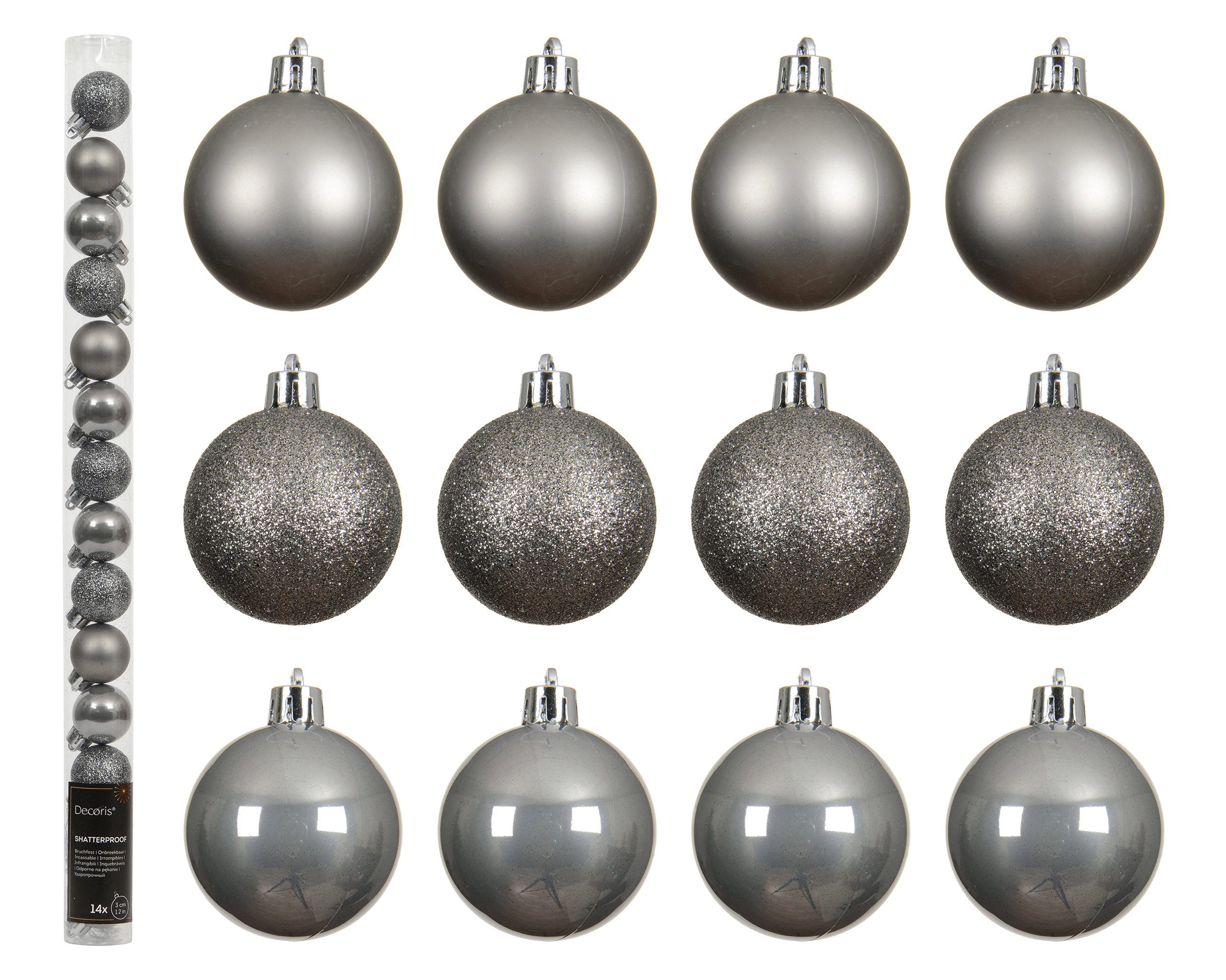 Kaemingk Weihnachtsbaumkugel, Weihnachtskugeln Kunststoff 3cm 14er Set - Zart Grau