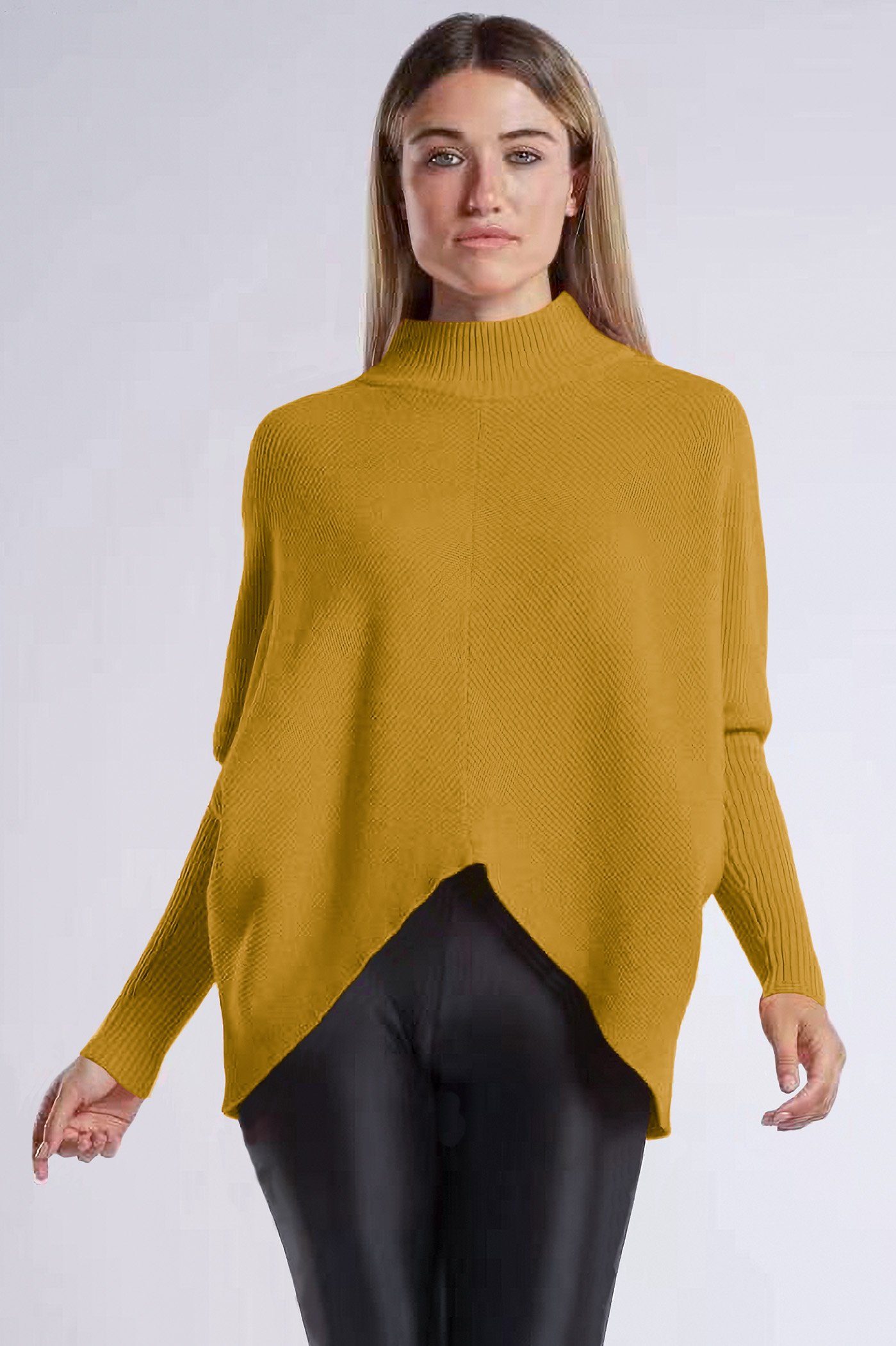 PEKIVESSA Strickpullover Oversized Rippstrick Pullover Damen Fledermausärmel (1-tlg) hinten länger senf