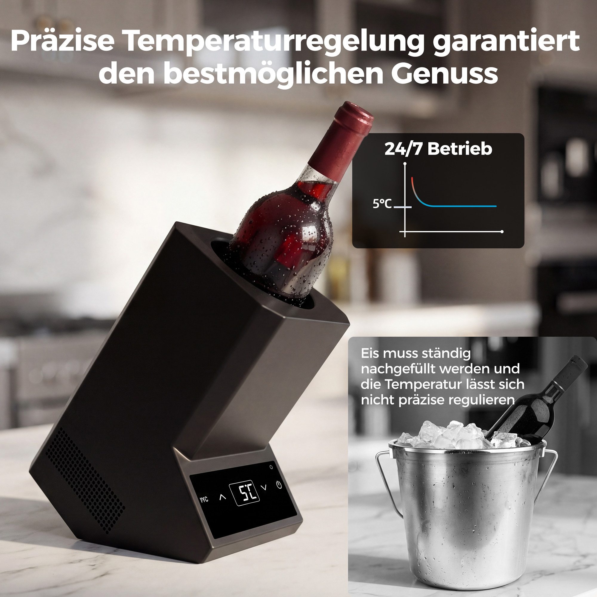 Rebonique Elektrischer Weinkühler 1 Flasche, 5–18 °C, 750 ml, eisfrei, Touch-Bedienung & LED, 19 cm Innenraumtiefe, 9,2 cm Ø, 25,6 × 25,3 × 12,8 cm – Bild 4 von 5