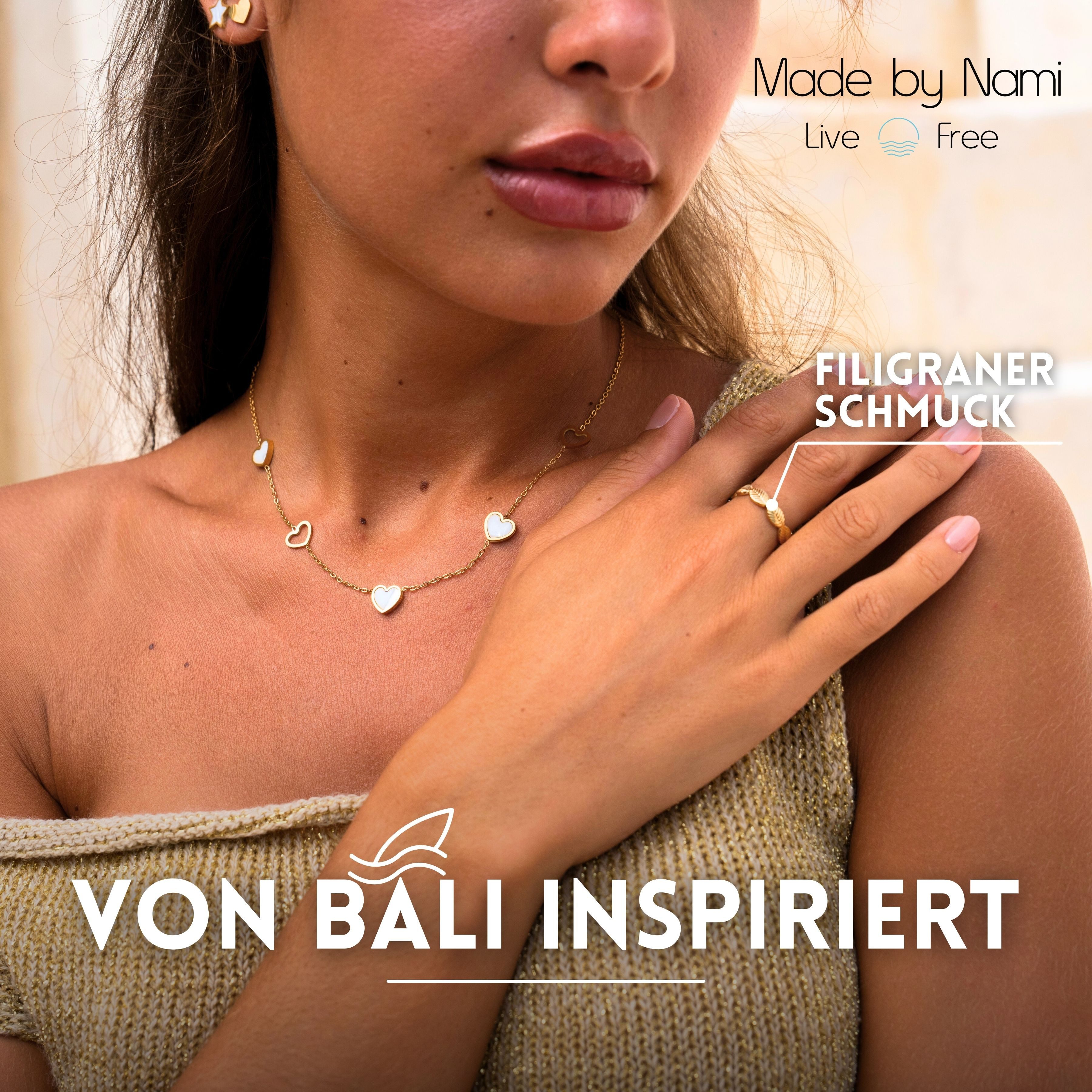 Made by Nami Fingerring Breiter Goldener Boho Edelstahl Ring Blätter-Design, Damen Schmuck Größenverstellbar & Wasserfest