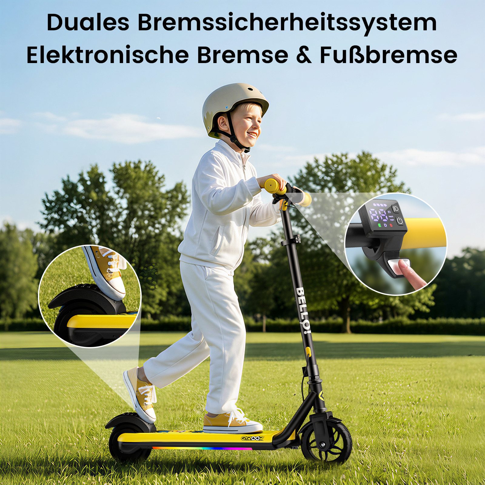 Gyroor E-Scooter Elektro-Kinderroller 6-12 Jahre, Musik E Scooter für Kinder, 16 km/h, (1 tlg), 10/13/16 km/h, LED Display, 3 Einstellbare Höhe, Doppelbremse