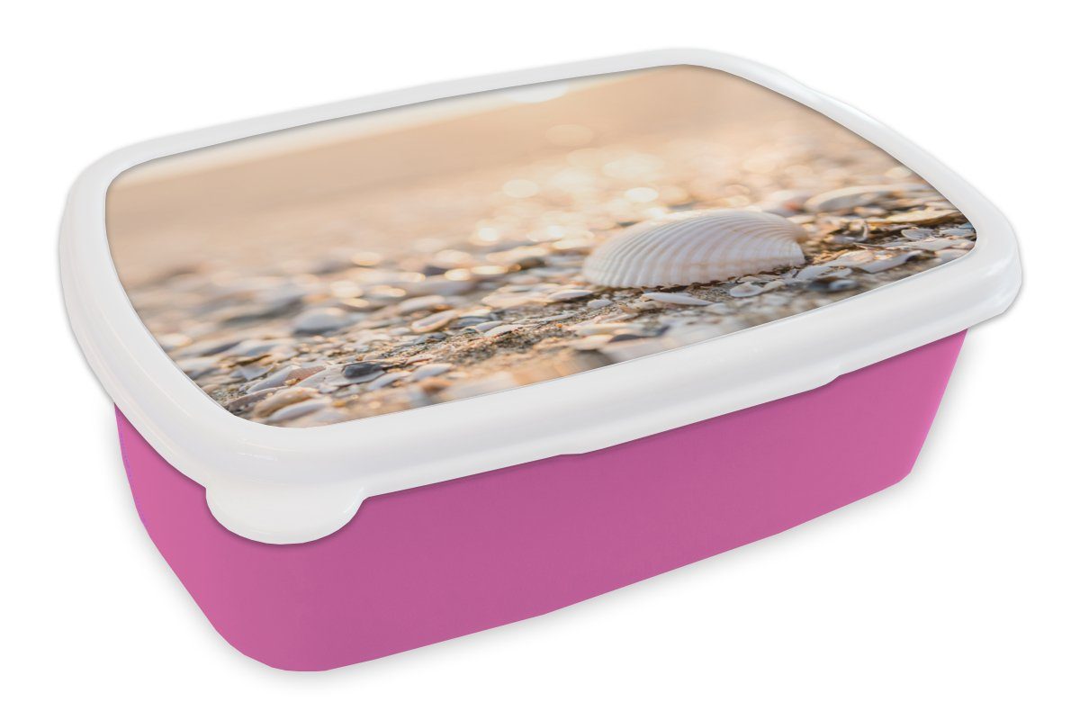 MuchoWow Lunchbox Muscheln - Weiß - Strand - Sommer, Kunststoff, (2-tlg), Brotbox für Erwachsene, Brotdose Kinder, Snackbox, Mädchen, Kunststoff rosa