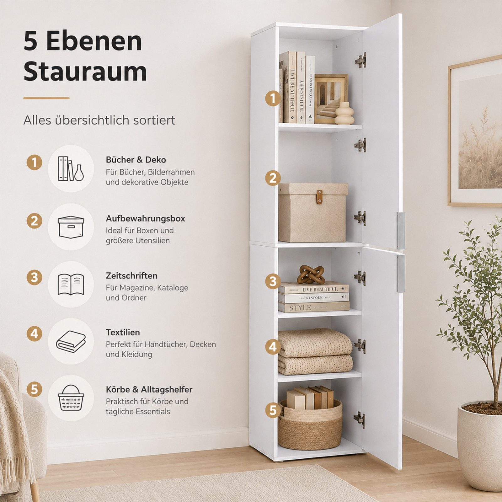 Yorbay Mehrzweckschrank 184 cm, schmaler Hochschrank mit 5 Fächern, 2 Türen (39,5 × 35 × 184cm) verstellbaren Einlegeböden und Kippschutz, Aufbewahrungsschrank  – Bild 4 von 5