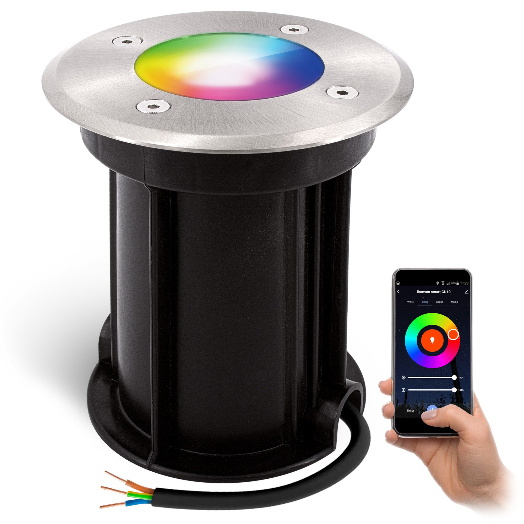 linovum LED Gartenstrahler Bodeneinbauleuchte BORU rund gebürstet dimmbar mit LED SMART WLAN RGB, Smart
