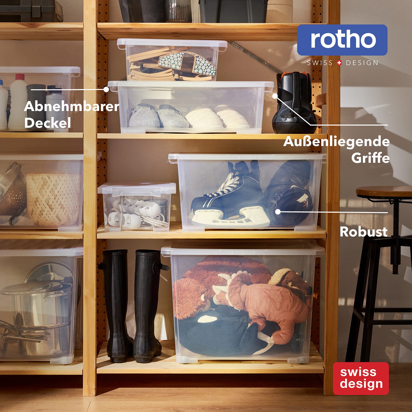 ROTHO Stapelbox 8er-Set CORE BASIC 4L stapelbar transparente Box mit Deckel (Sichtboxen-Set, 8er-Set), Sortierbox ideal für Kleinteile, Bastelmaterial und Zubehör
