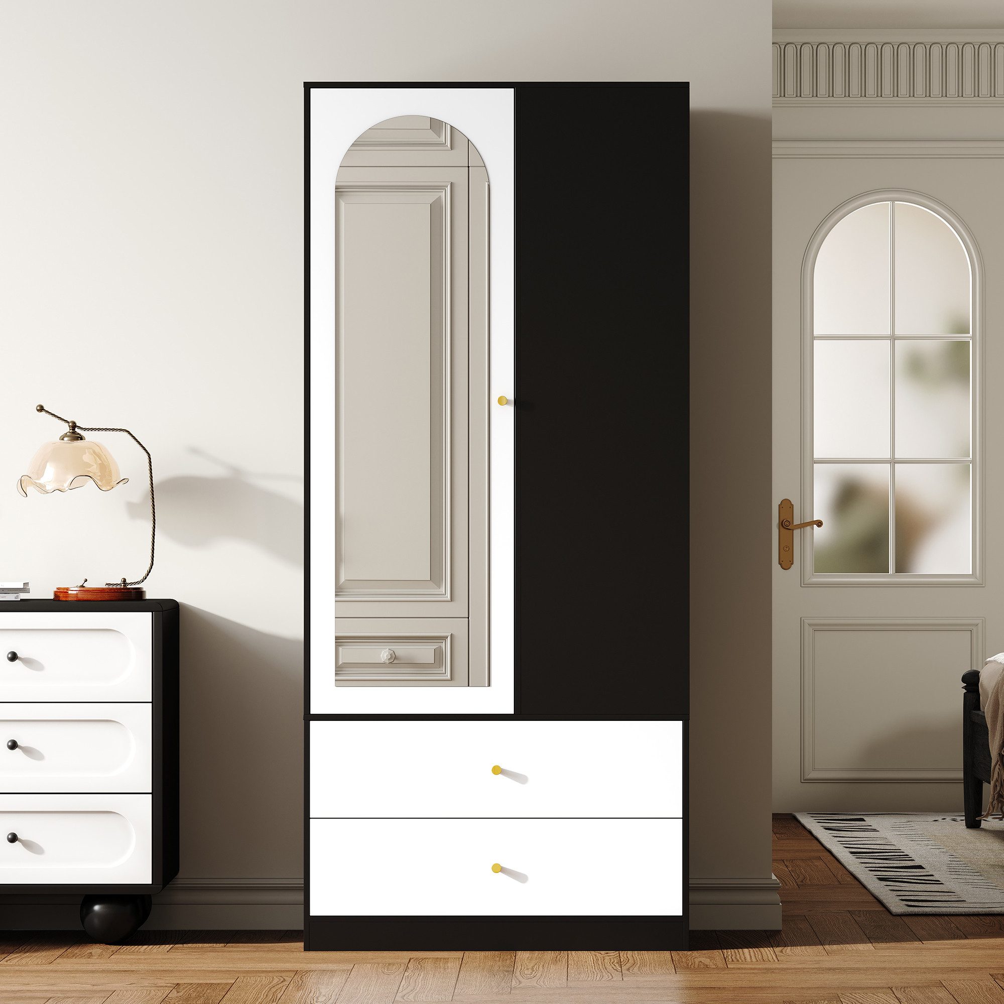 i@home Garderobe Kleiderschrank, mit Spiegel und 1 Tür, 2 Schubladen und 4 Einlegeböden, 80*40*180 cm