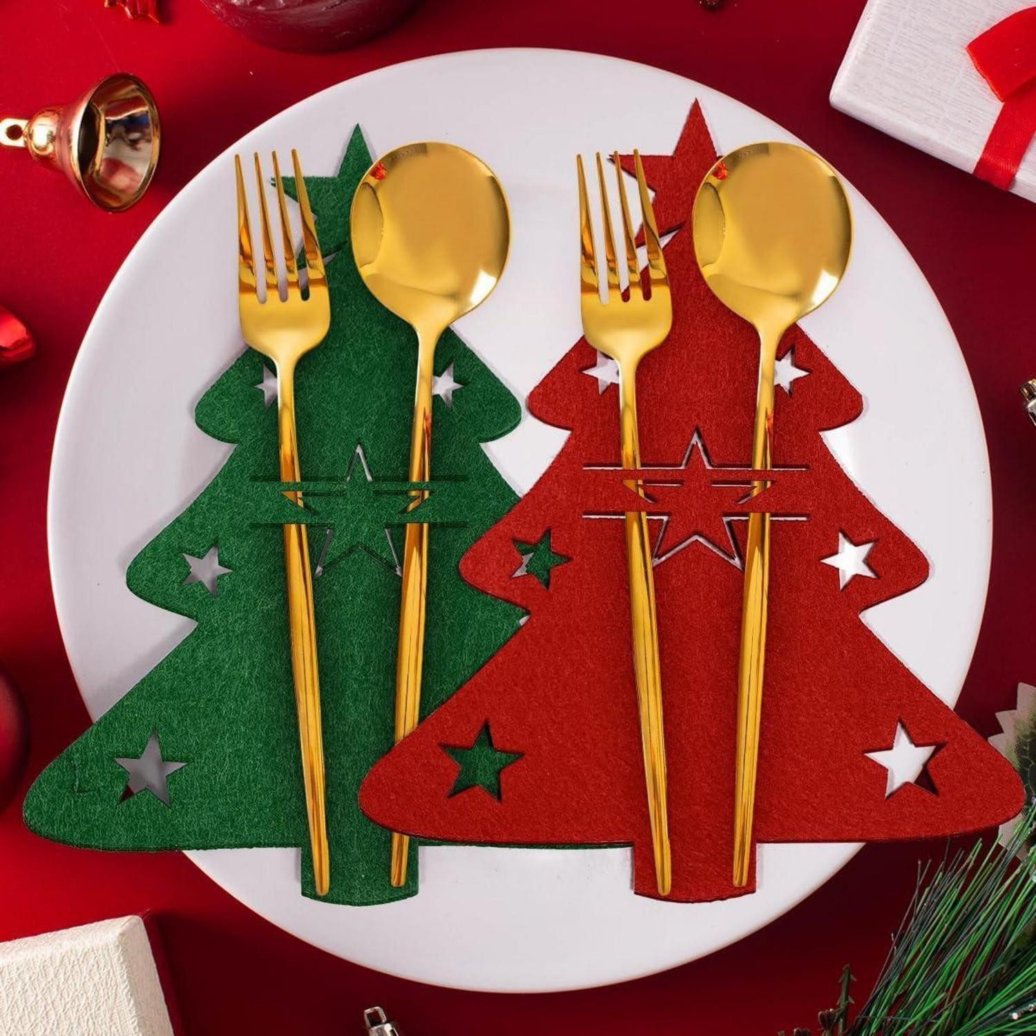 LuxusKollektion Besteckhalter Weihnachten Besteckhalter Filz 8 Stück Tischdeko Rot Grün Tannenbaum