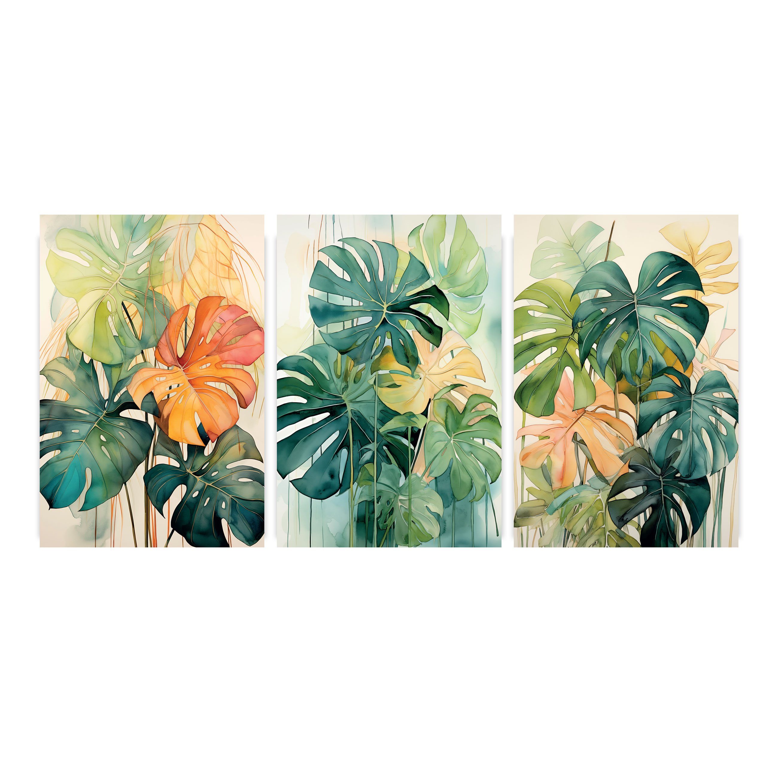 Wallarena Poster SET Blätter Gemalt Wohnzimmer Schlafzimmer Kunstdruck Wandbild XXL, Monstera Blätter Poster Bild (Set 3 teilig, 3 St), Groß Wandbilder Größen : 3x30x40 cm / 3x50x70 cm / 3x70x100 cm