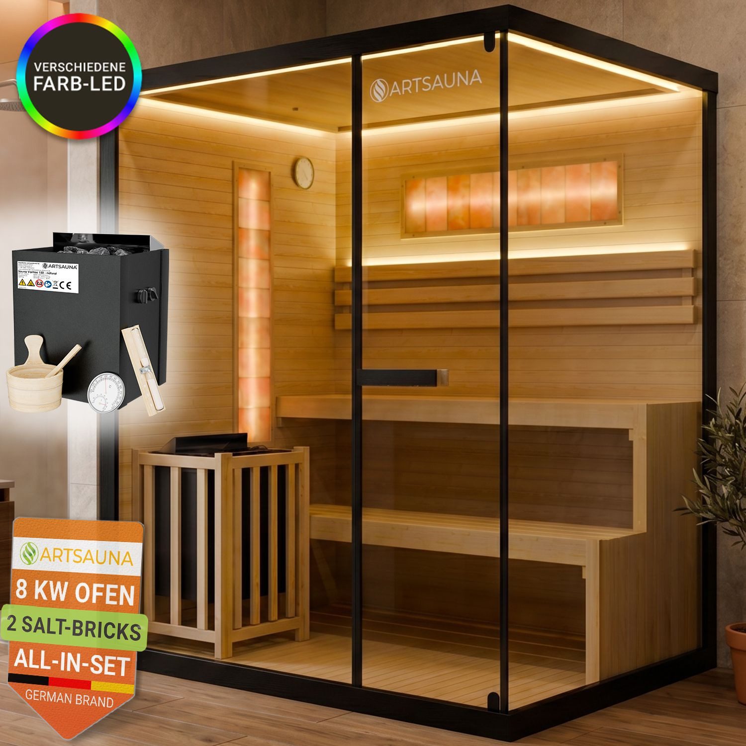 Artsauna Sauna Vantaa 175, BxTxH: 175 x 140 x 200 cm, 5 mm, 2 große Salzsteine, Ambientebeleuchtung, inkl. Ofen und Saunasteine