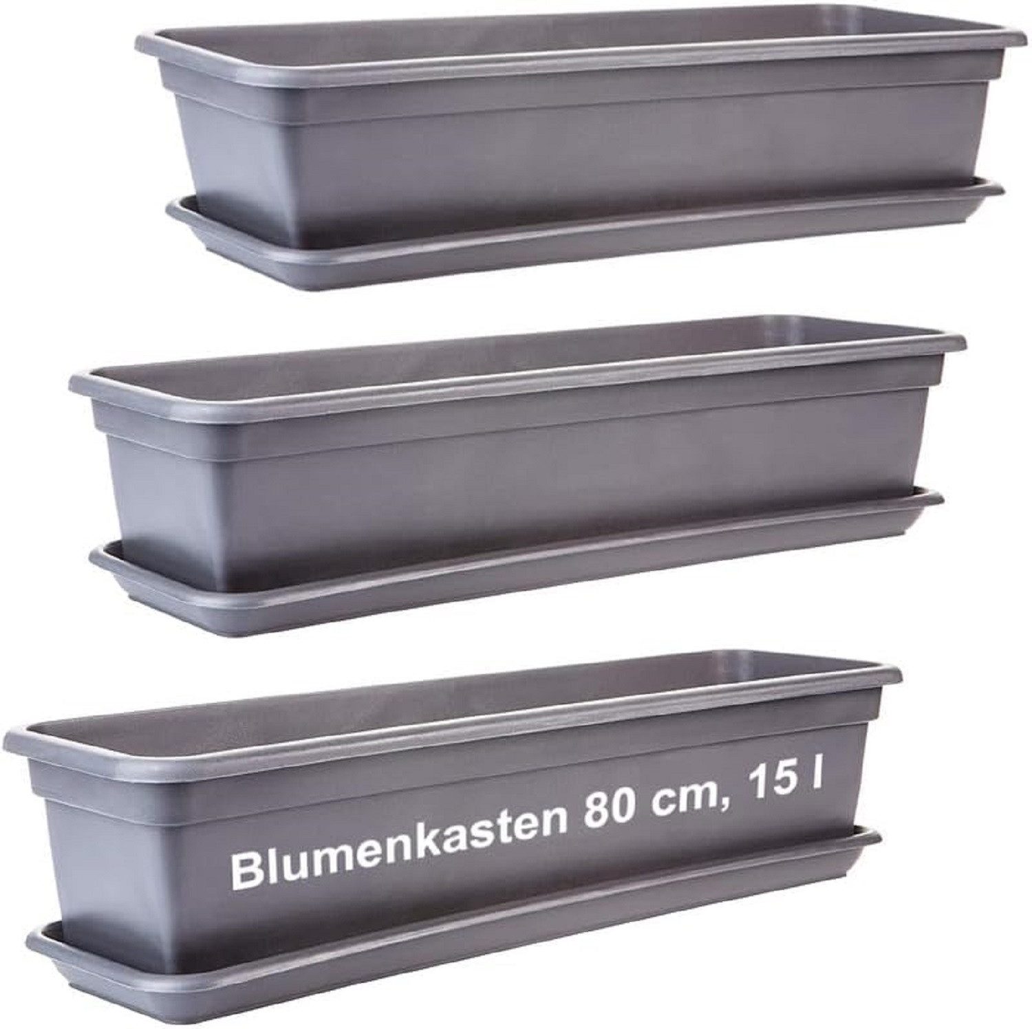 2friends Blumenkasten 3er-Pack, mit Untersetzer aus Kunststoff 80T x 17B x 14H cm, Balkon Blumenkasten Anthrazit