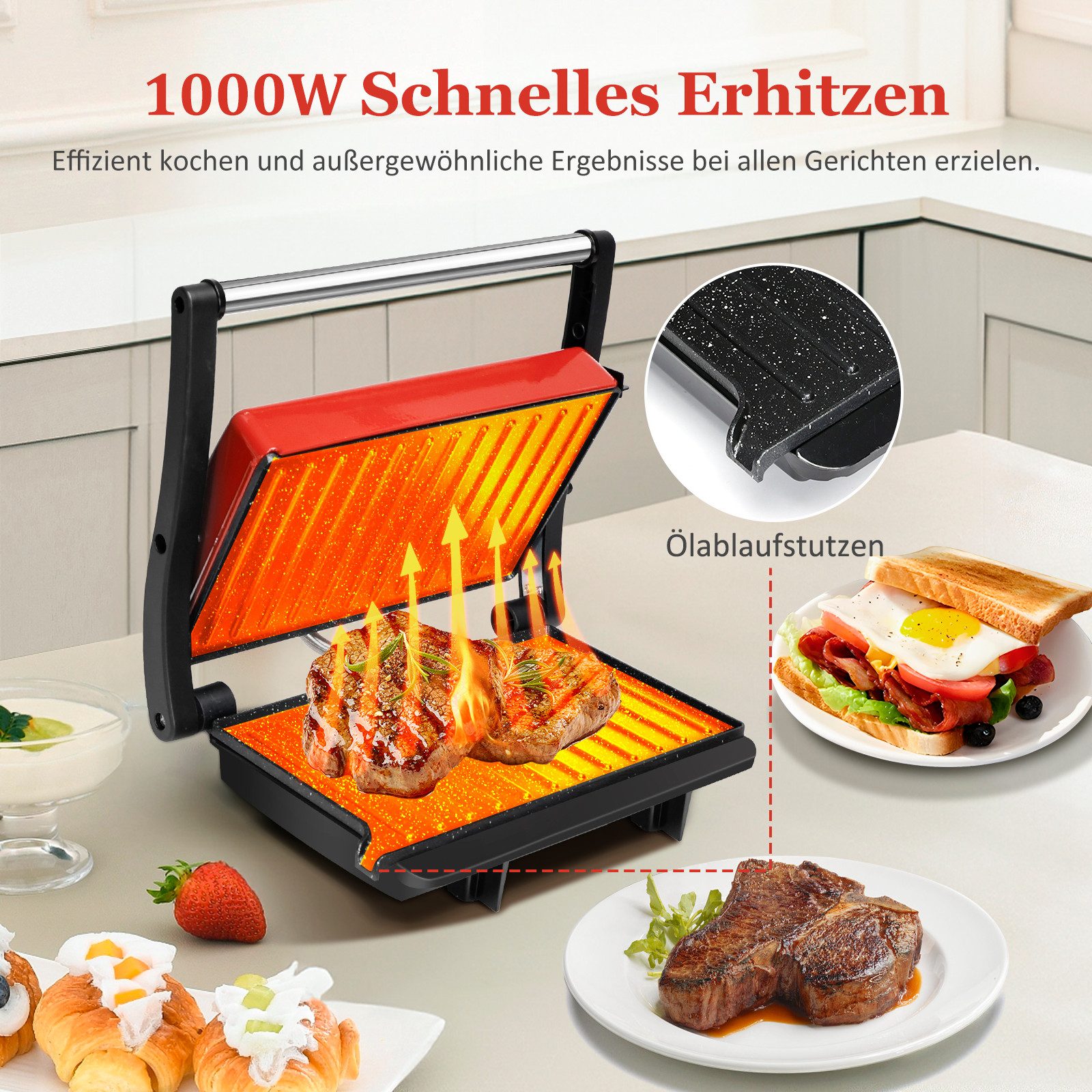 Aigostar Paninigrill Kontaktgrill Klein & Kompakt, 180° Aufklappbar, Antihaftbeschichtung, 750,00 W, BPA-frei, Cool-Touch-Griff, vertikale Aufbewahrung
