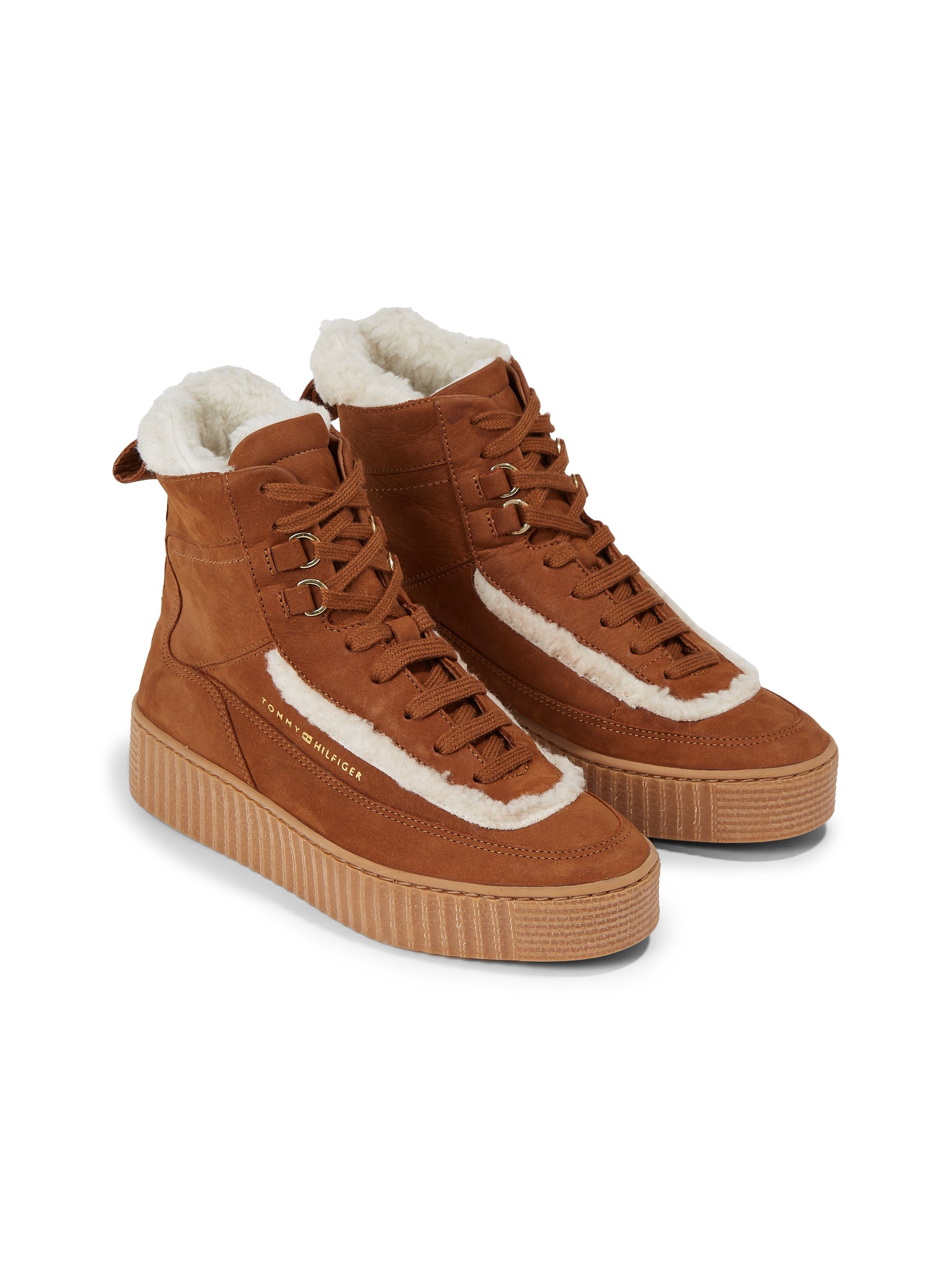 Winterboots Fellimitat-Besätzen Hilfiger WARMBOOTIE ESSENTIAL cognac UP mit Tommy LACE