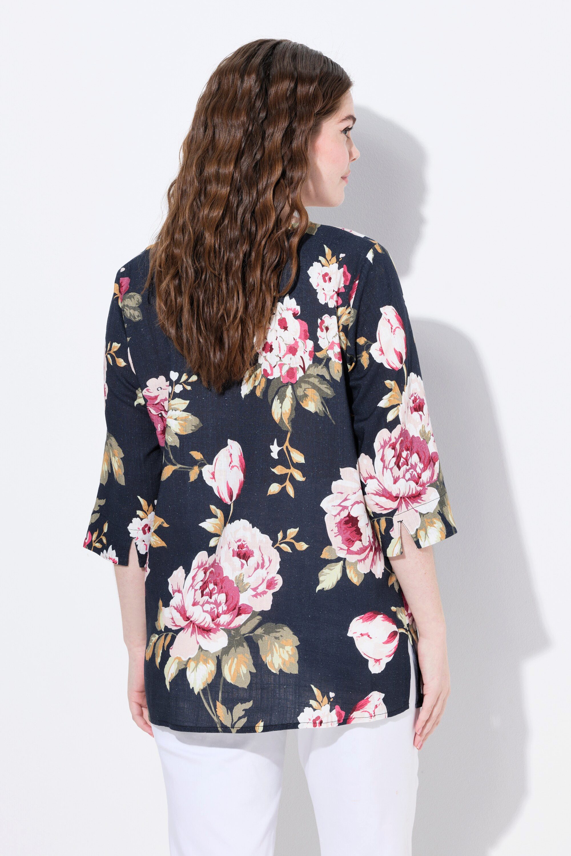 Ulla Popken Tunika Leinenmix-Bluse A-Linie Tunika-Ausschnitt 3/4-Arm