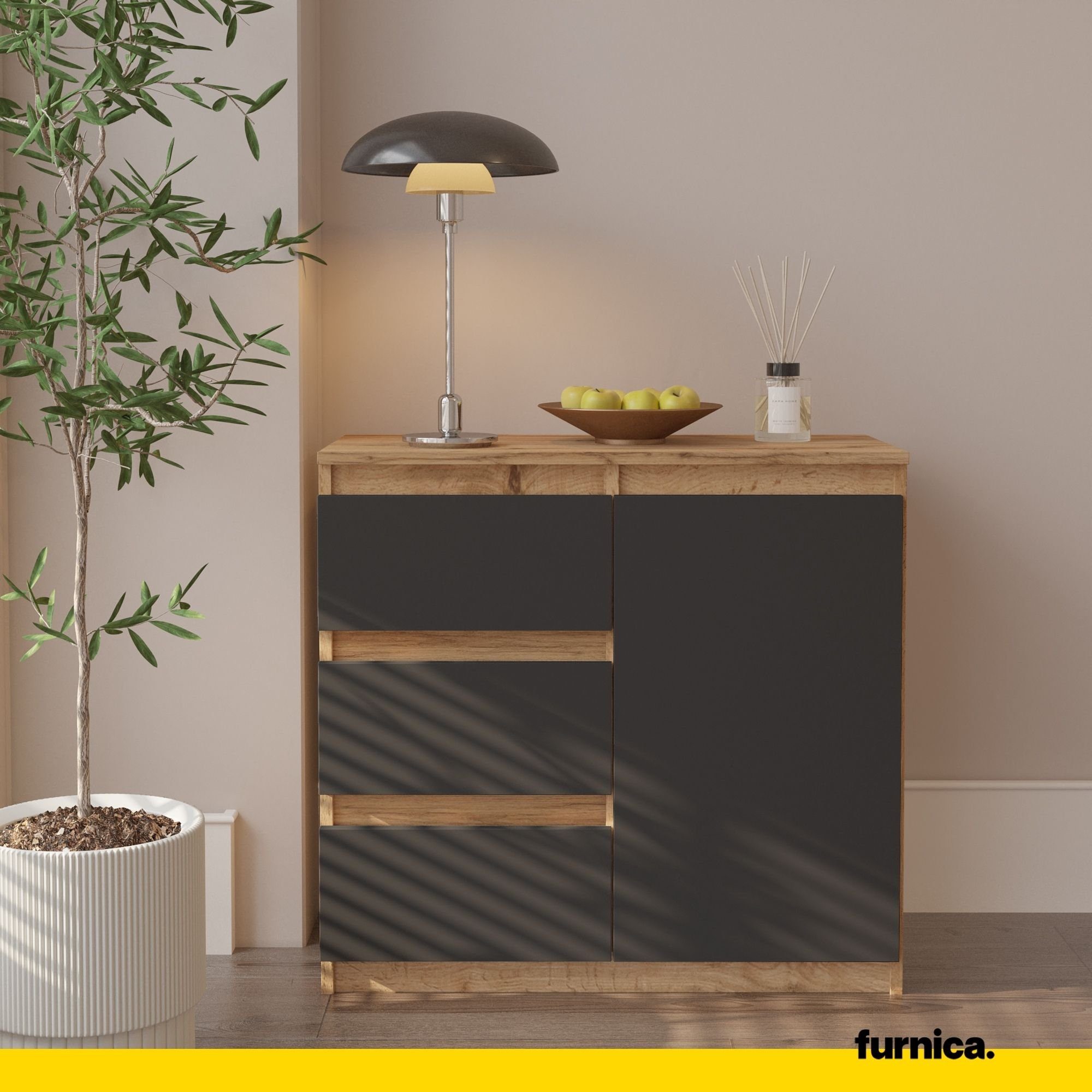 Furnica Kommode MIKEL, 3 Schubladen und 1 Tür - Votan Eiche H75cm B80cm T35cm (1 St)