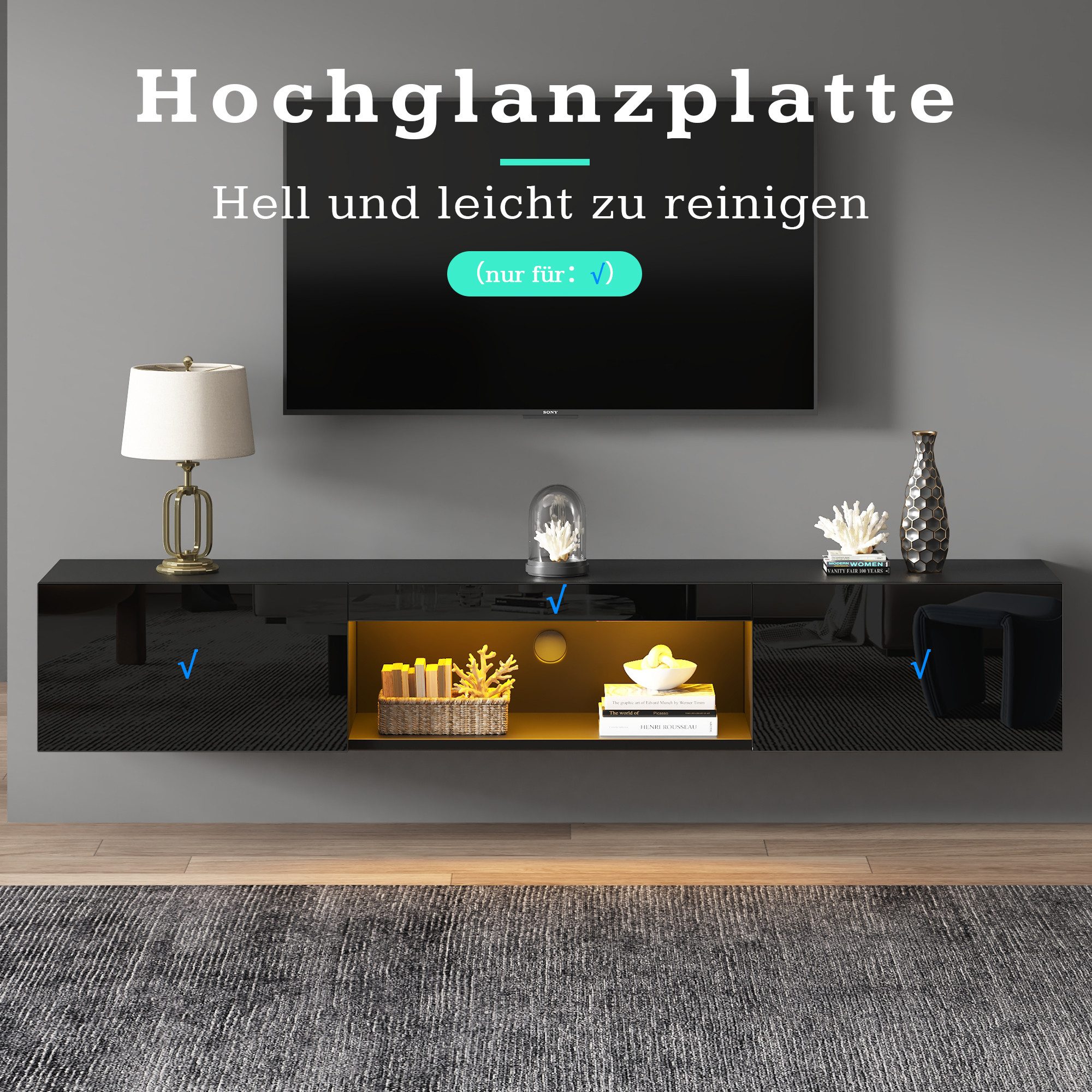 Merax Lowboard hängend mit Türen und offenes Fach, Fernsehtisch hochglanz,TV-Schrank mit LED,TV-Ständer,APP,B:160cm